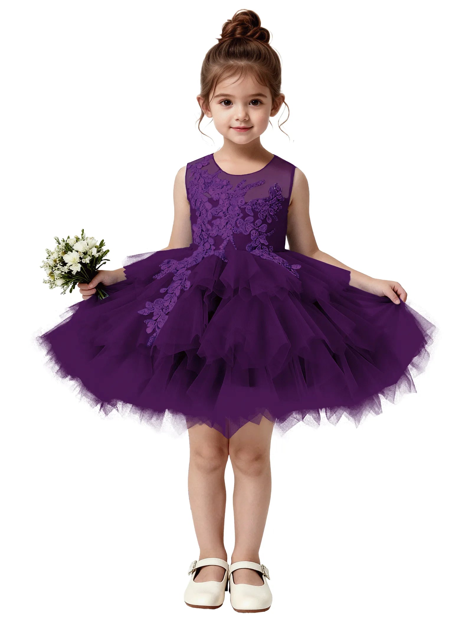 Princess Ruffle Party Dress with Mesh and Appliqué