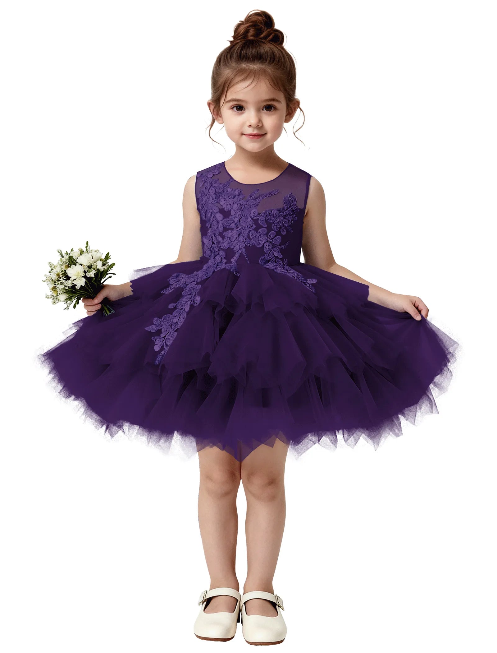 Princess Ruffle Party Dress with Mesh and Appliqué