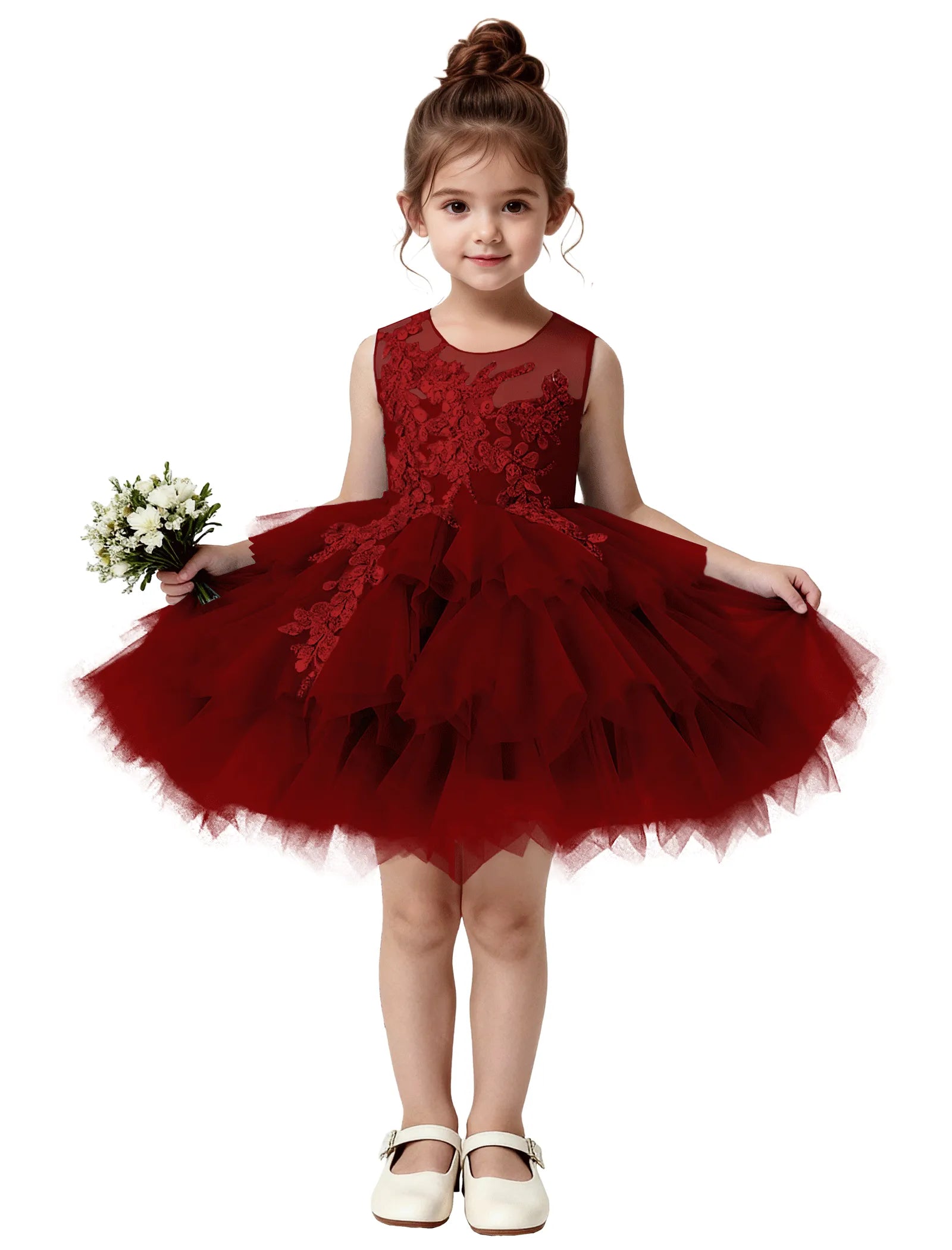 Princess Ruffle Party Dress with Mesh and Appliqué