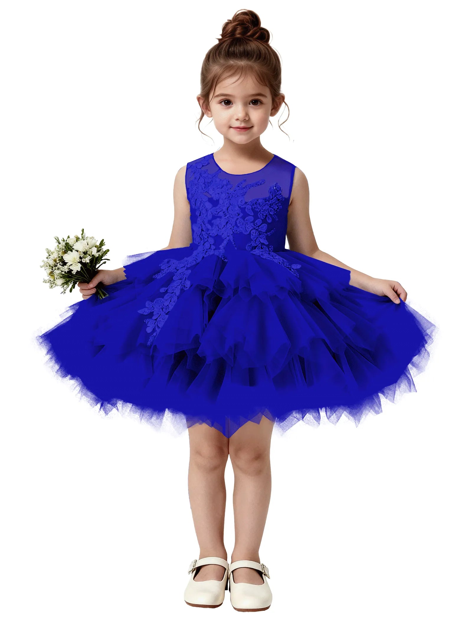 Princess Ruffle Party Dress with Mesh and Appliqué