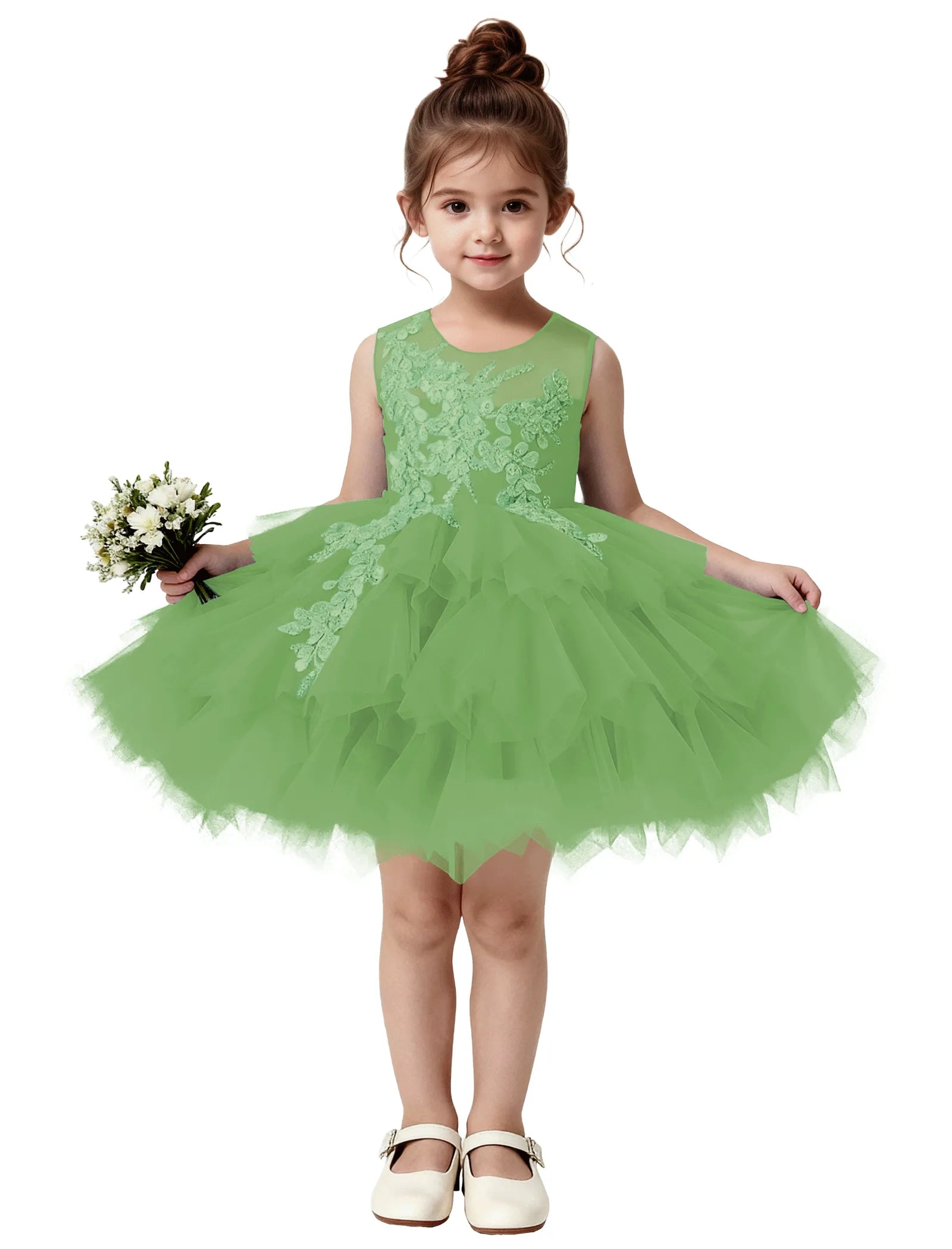 Princess Ruffle Party Dress with Mesh and Appliqué