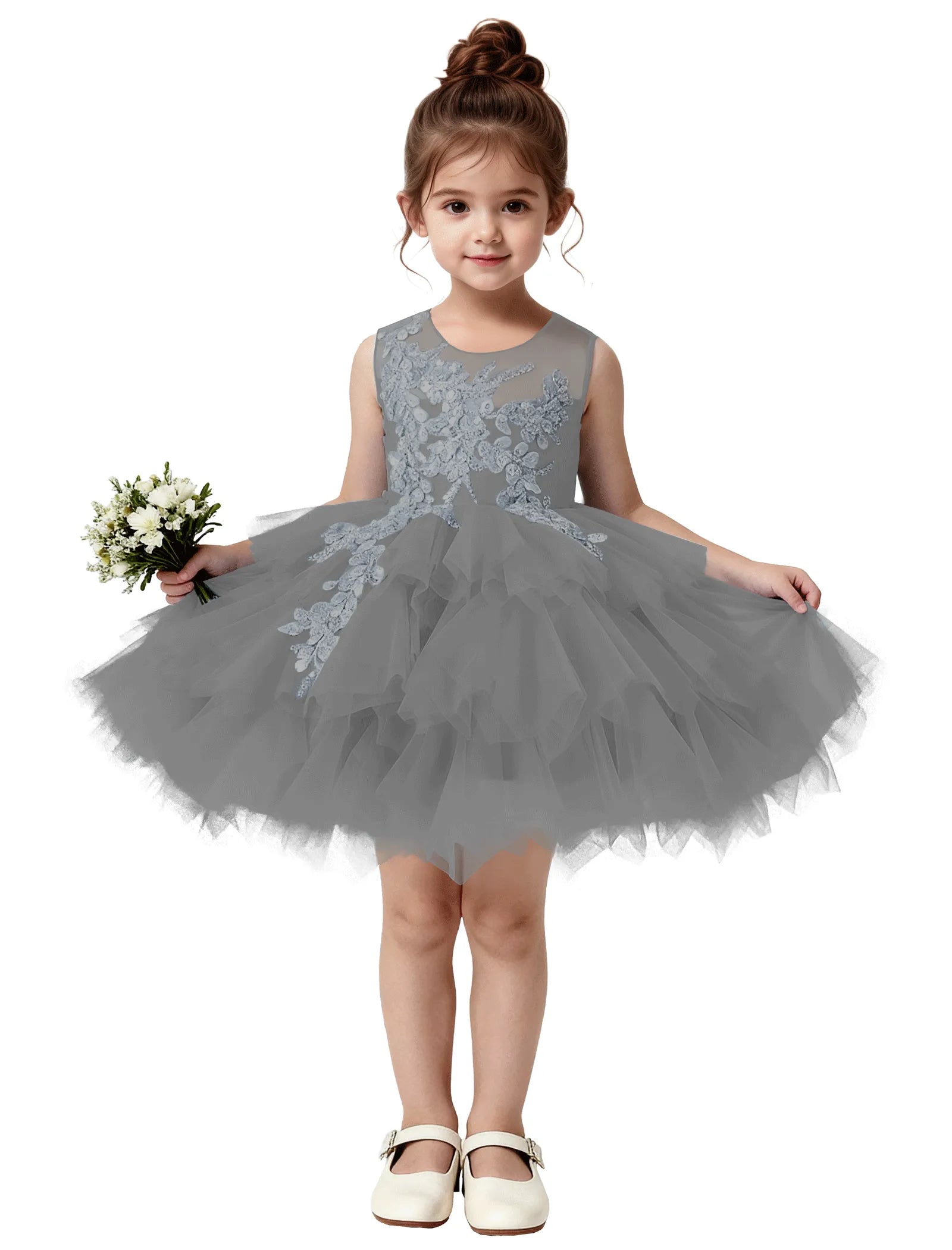 Princess Ruffle Party Dress with Mesh and Appliqué