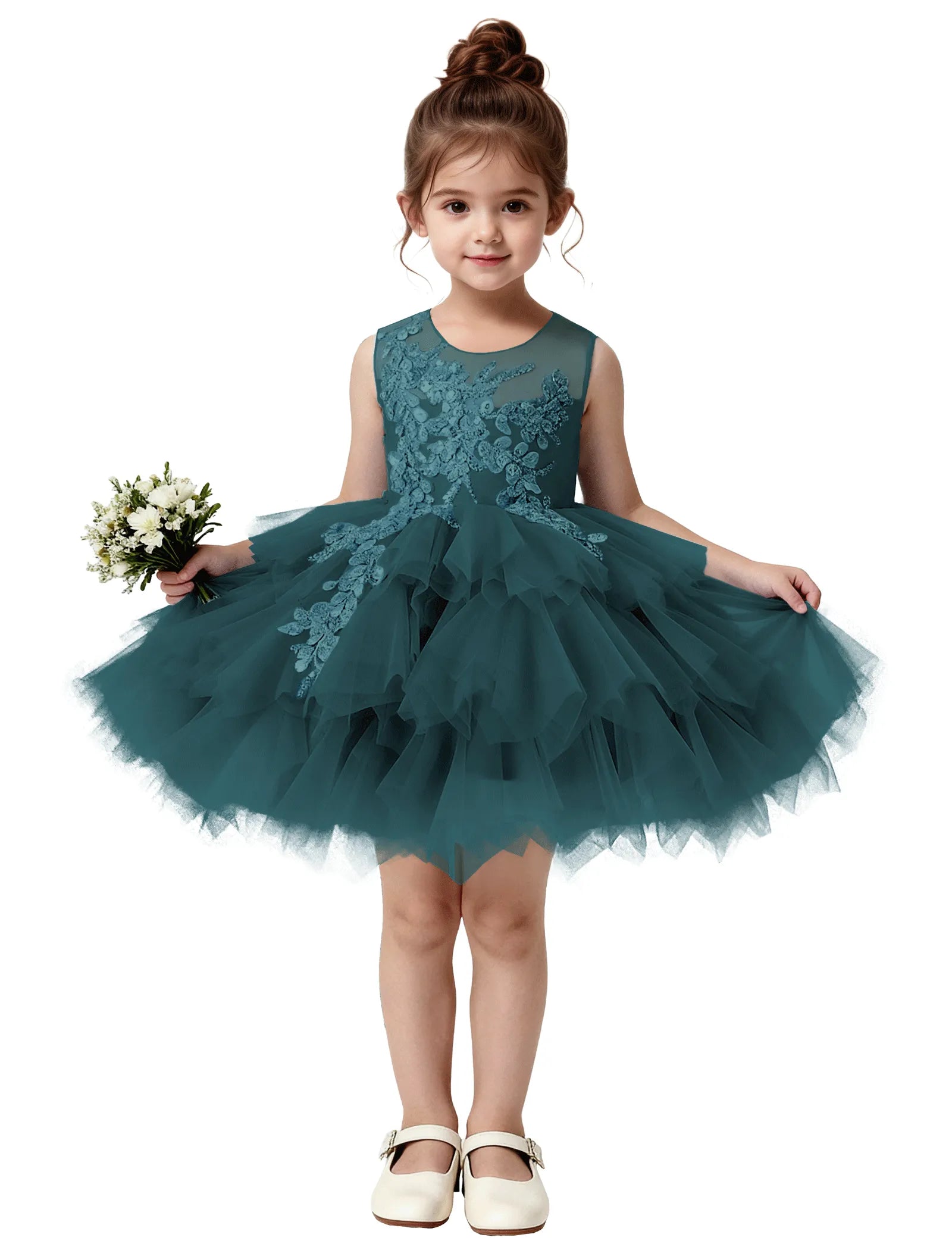 Princess Ruffle Party Dress with Mesh and Appliqué