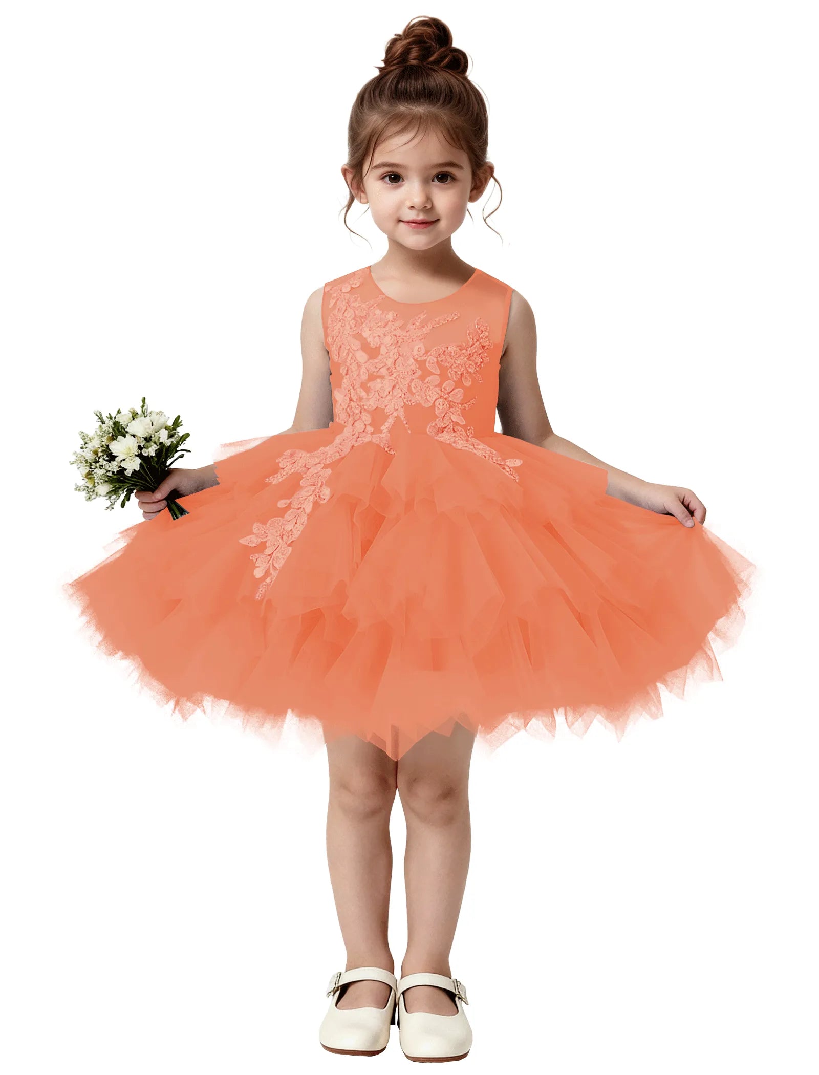 Princess Ruffle Party Dress with Mesh and Appliqué