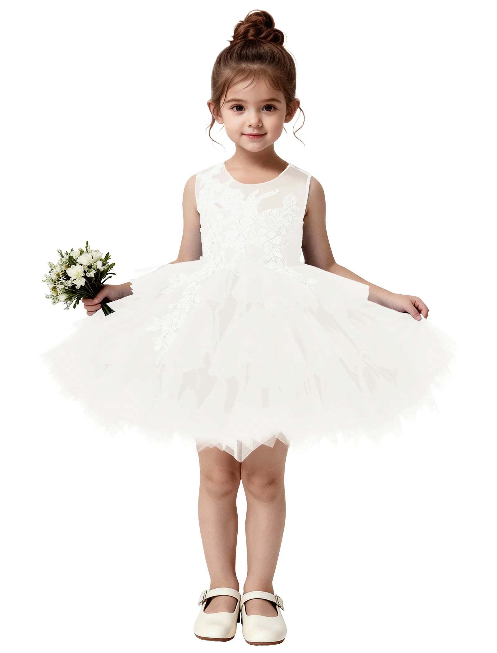 Princess Ruffle Party Dress with Mesh and Appliqué