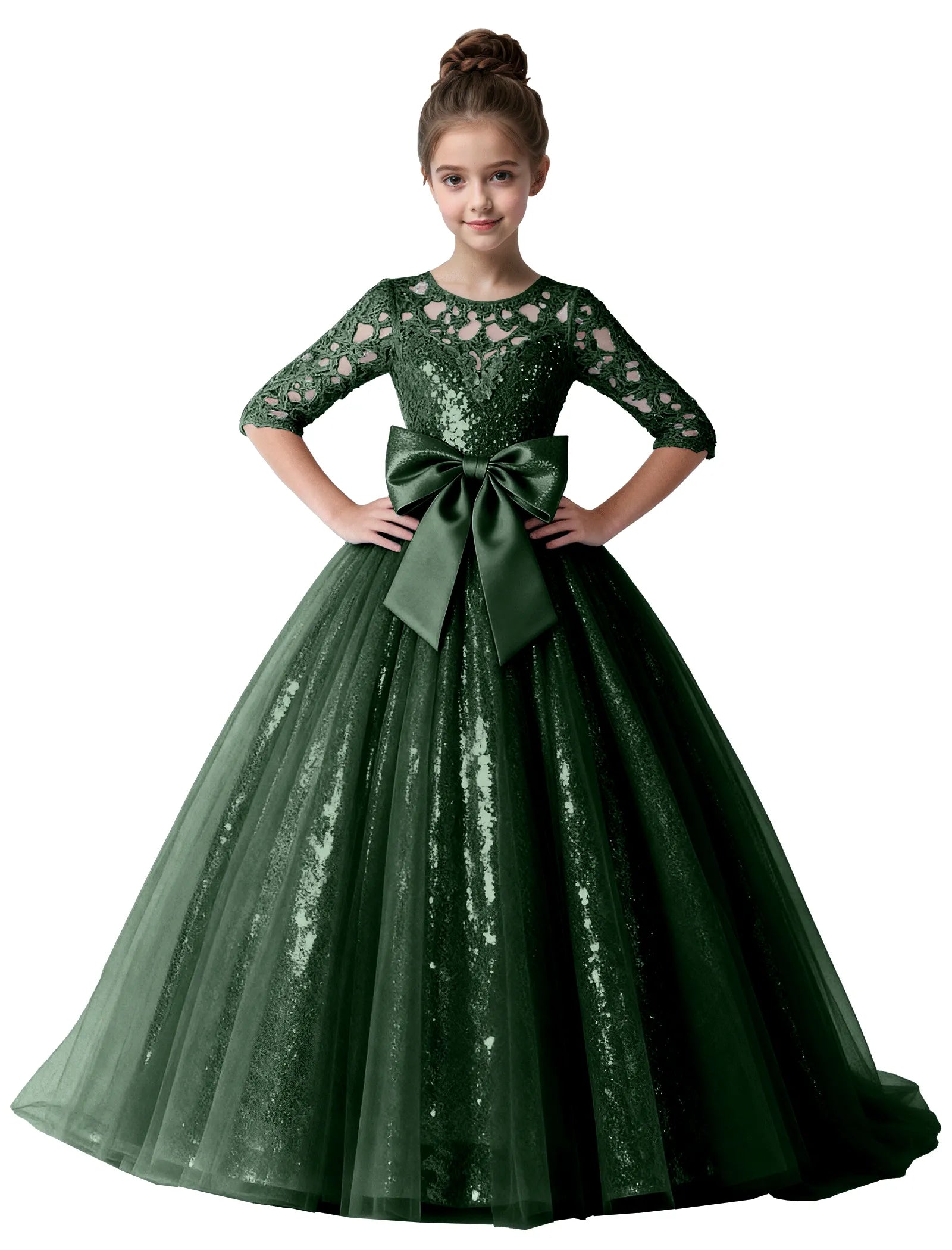Lace Sparkle Tulle Ball Gown With Bow for Girls