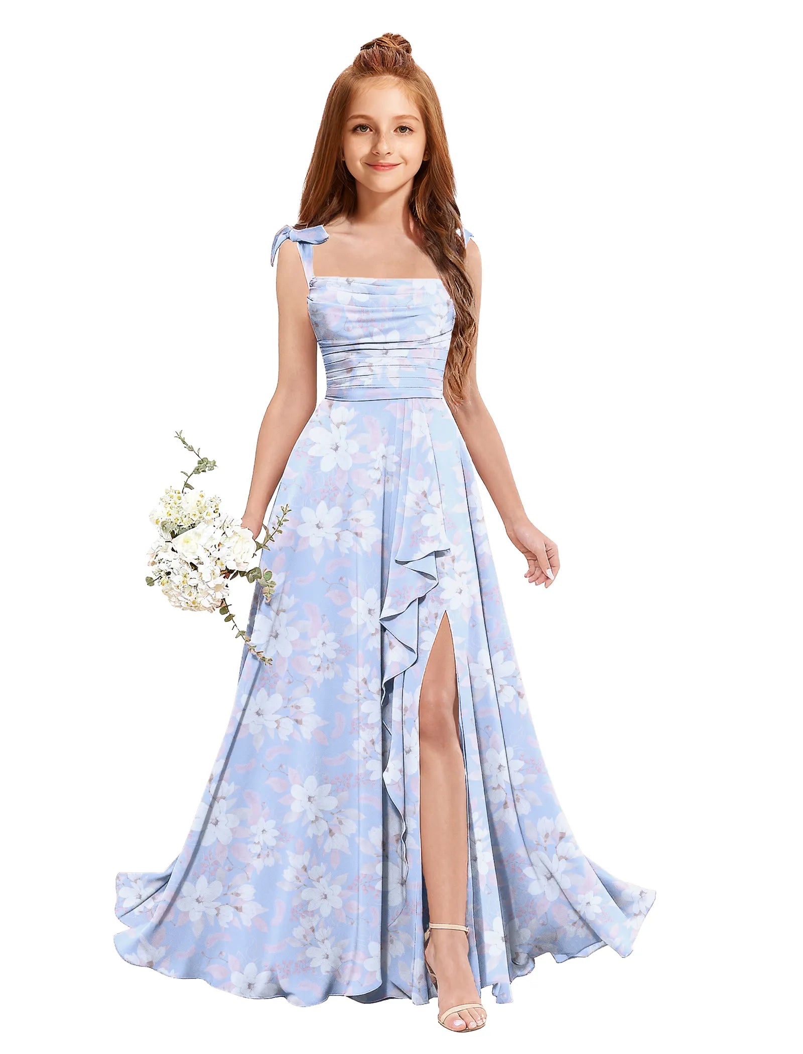 knee length dresses for ladies Floral Bow Strap Dress for Girls Ceremonies and Portraits