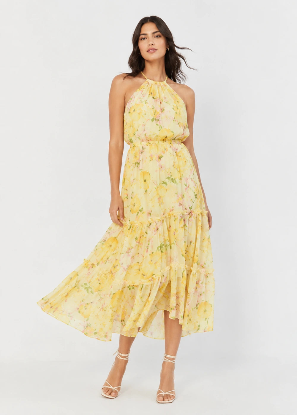 Yellow Floral Halter Tiered Chiffon Midi Dress