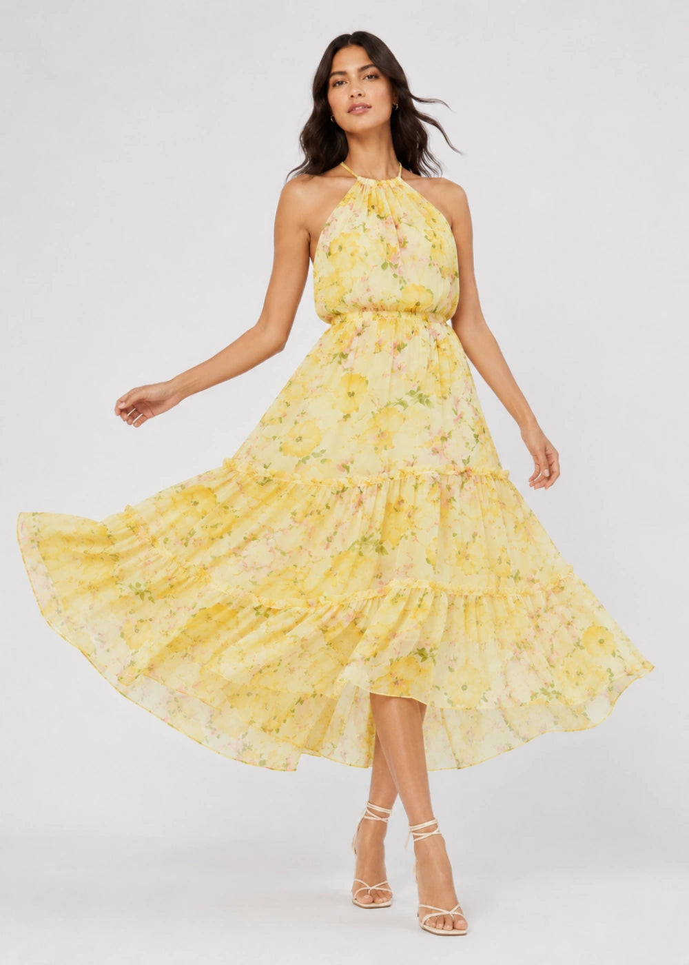 Yellow Floral Halter Tiered Chiffon Midi Dress