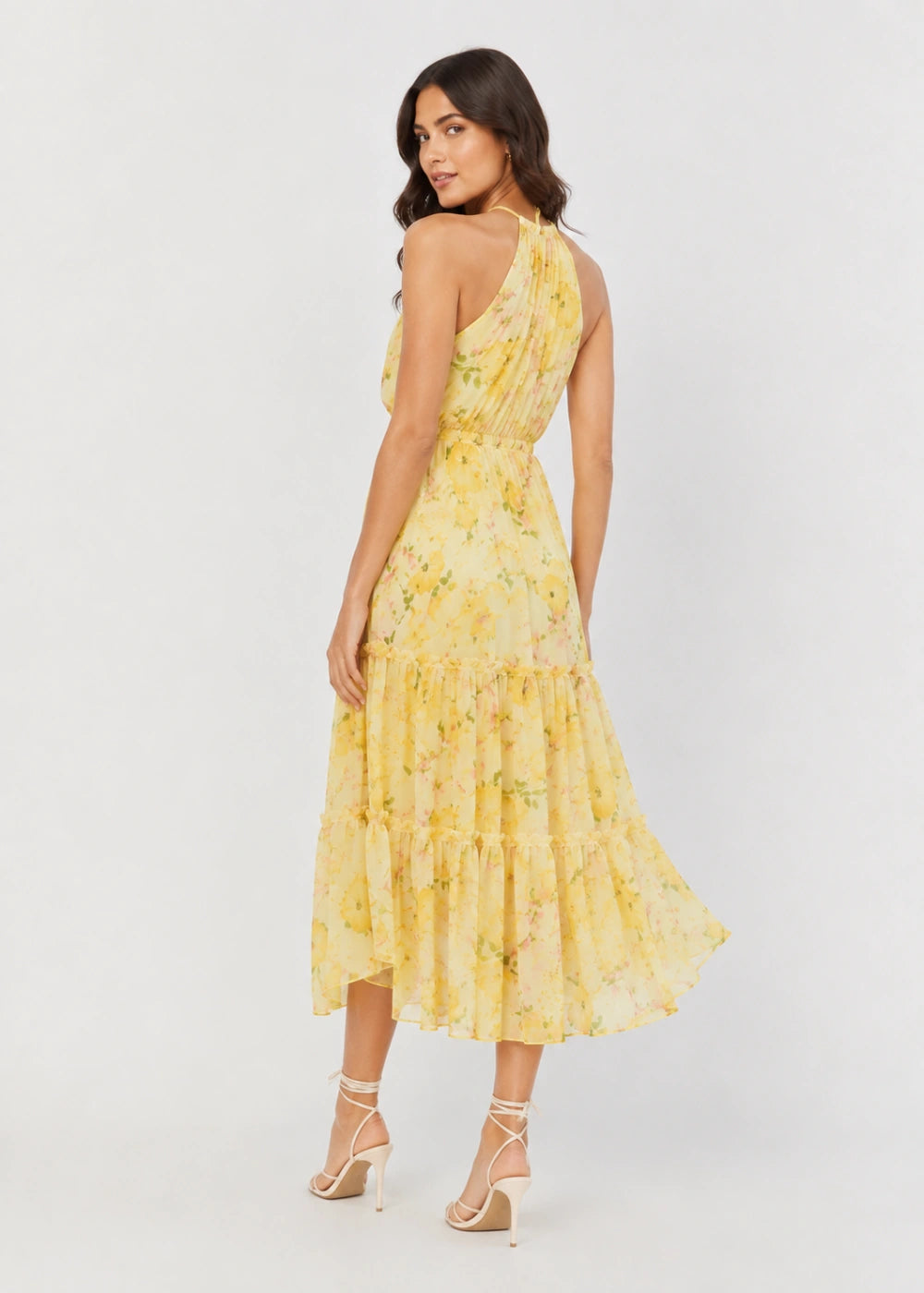 Yellow Floral Halter Tiered Chiffon Midi Dress