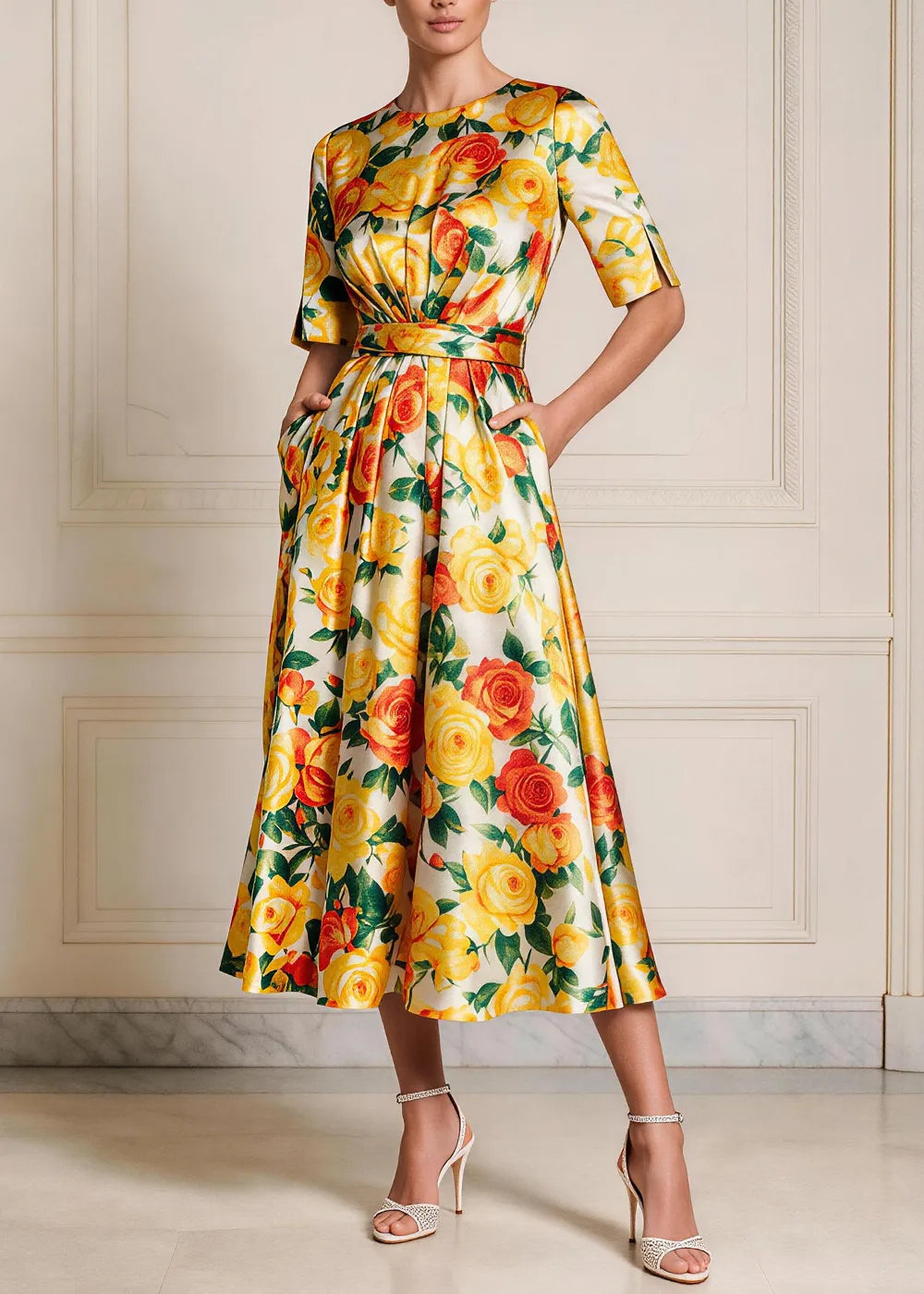 Yellow Floral Tie-Waist A-Line Midi Dress