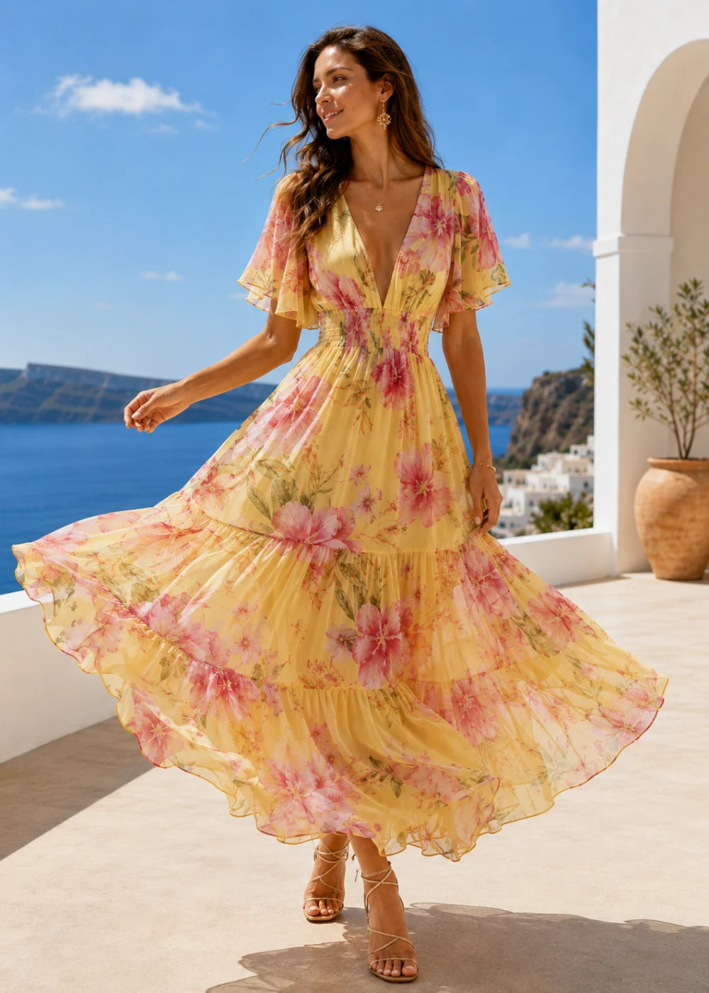 Yellow Pink Floral Flutter-Sleeve Tiered Maxi Dress