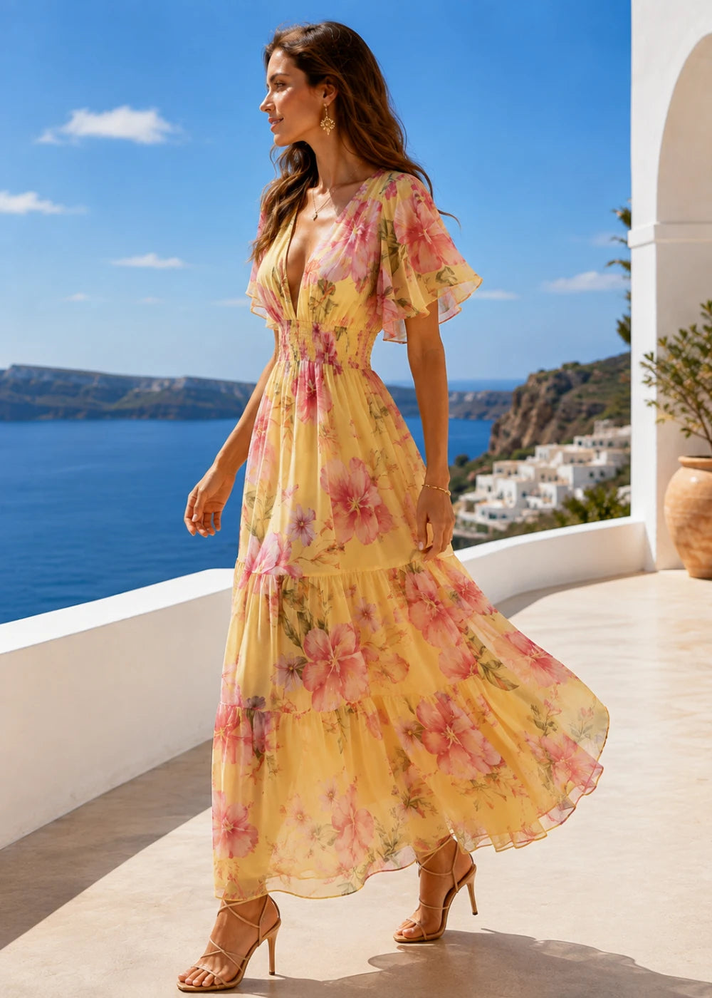 Yellow Pink Floral Flutter-Sleeve Tiered Maxi Dress