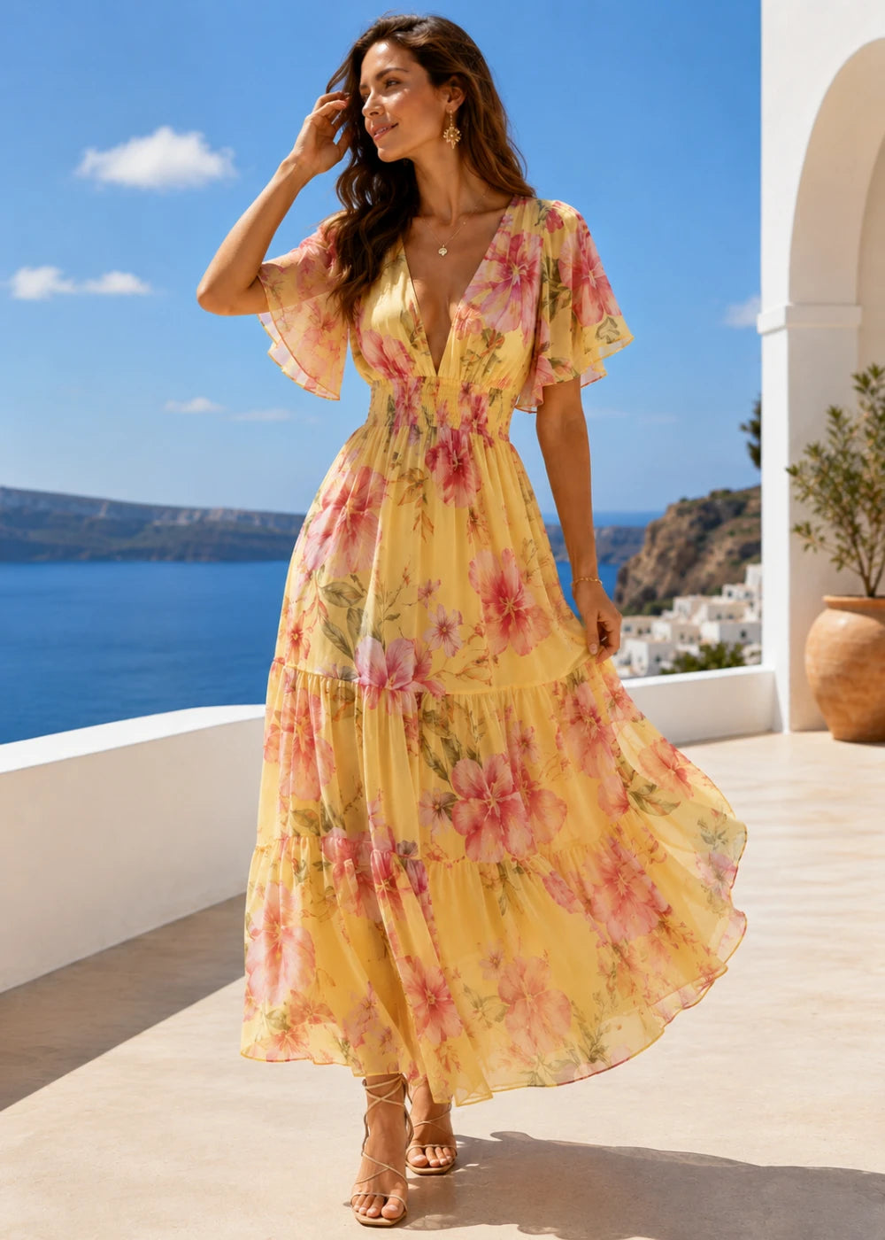 Yellow Pink Floral Flutter-Sleeve Tiered Maxi Dress