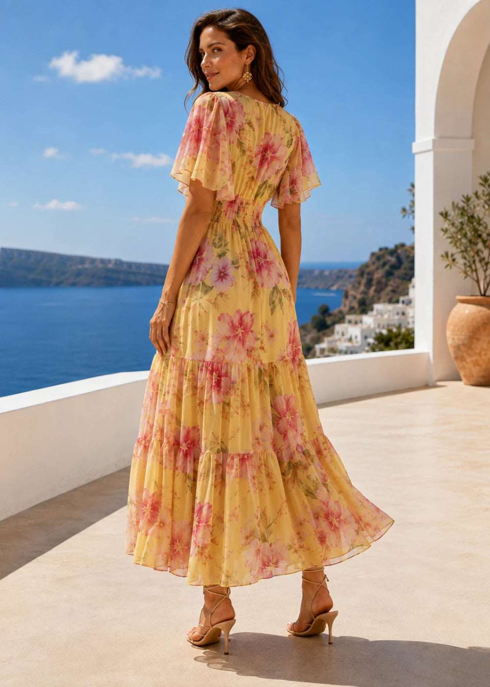 Yellow Pink Floral Flutter-Sleeve Tiered Maxi Dress