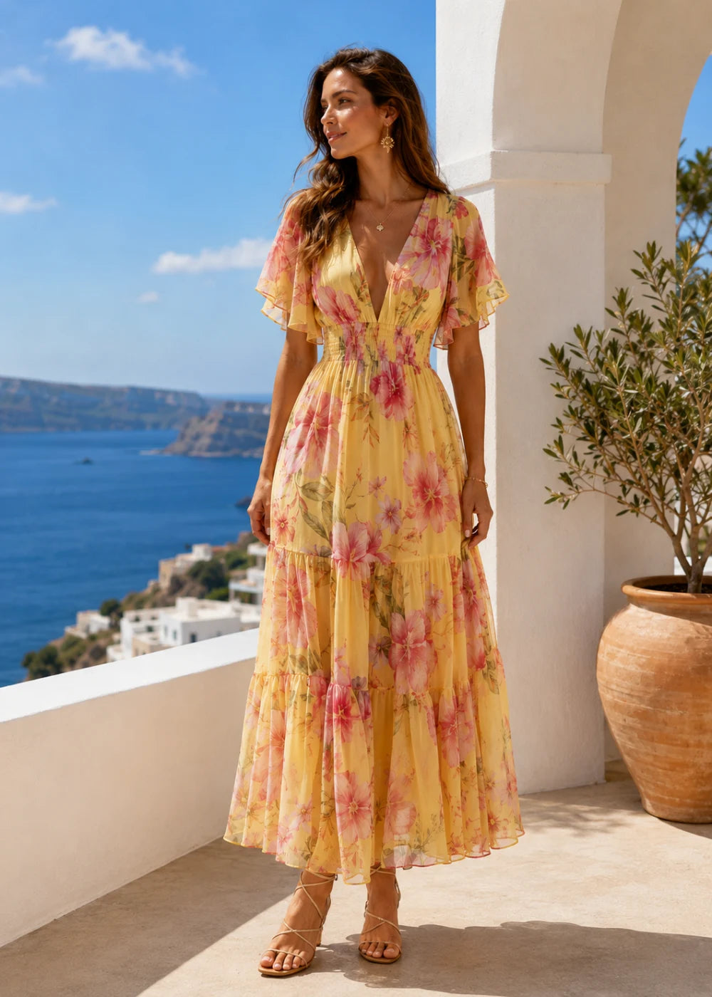 Yellow Pink Floral Flutter-Sleeve Tiered Maxi Dress