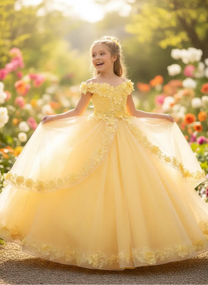 Elegant Tulle Flower Girl Dress with 3D Floral Appliques & Off-Shoulder Design | Fynony Elegant Tulle Flower Girl Dress with 3D Floral Appliques & Off-Shoulder Design | Fynony