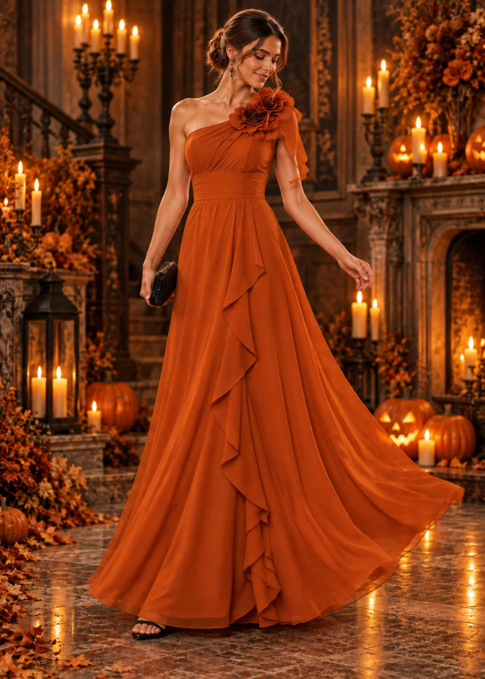 Front view of the orange gown with the full skirt moving below its gathered waist.
