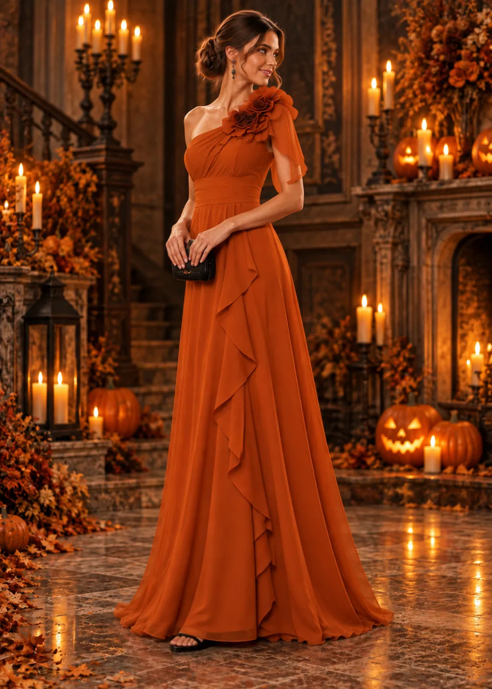 Front view of the orange one-shoulder gown with dimensional shoulder flowers, a short sheer drape and ruched waist.