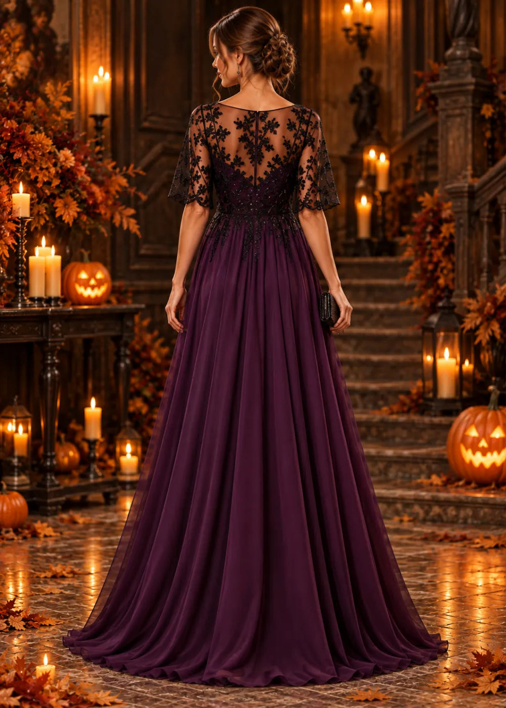 Back view showing the sheer black floral-lace upper back over purple lining and a gathered floor-length skirt.