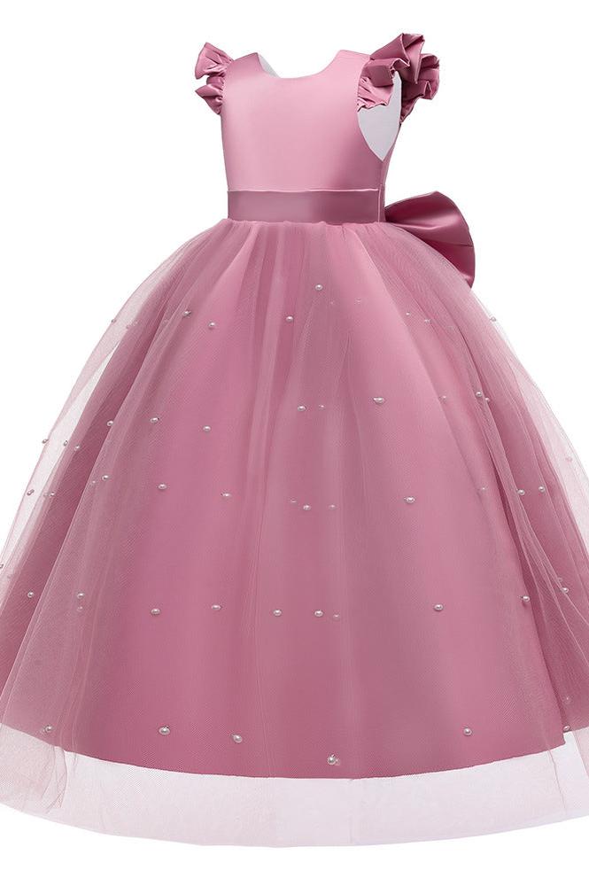 Satin Girl Dress with Pearl Tulle Cape Flower Girl Dresses for Wedding