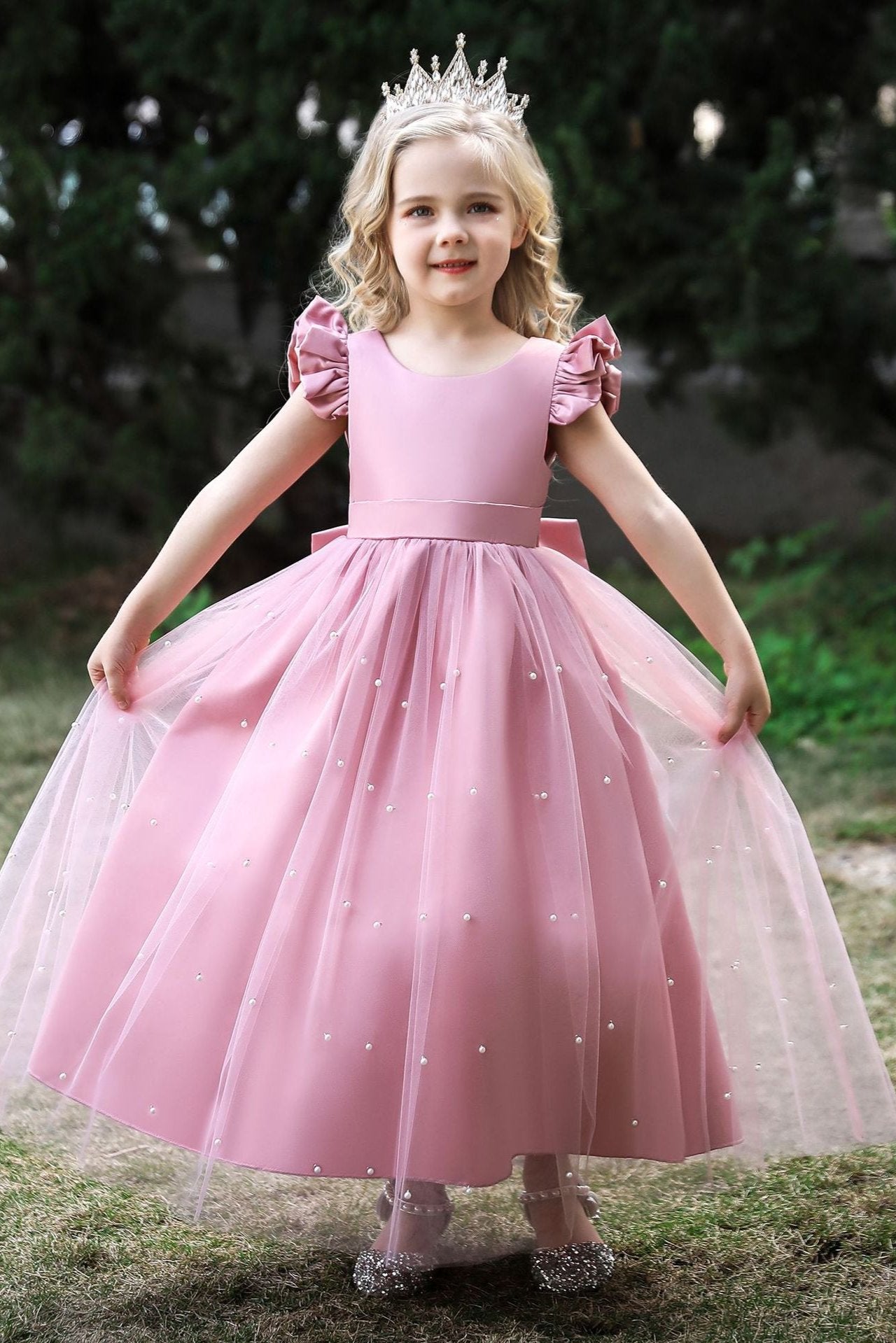 Satin Girl Dress with Pearl Tulle Cape Flower Girl Dresses for Wedding