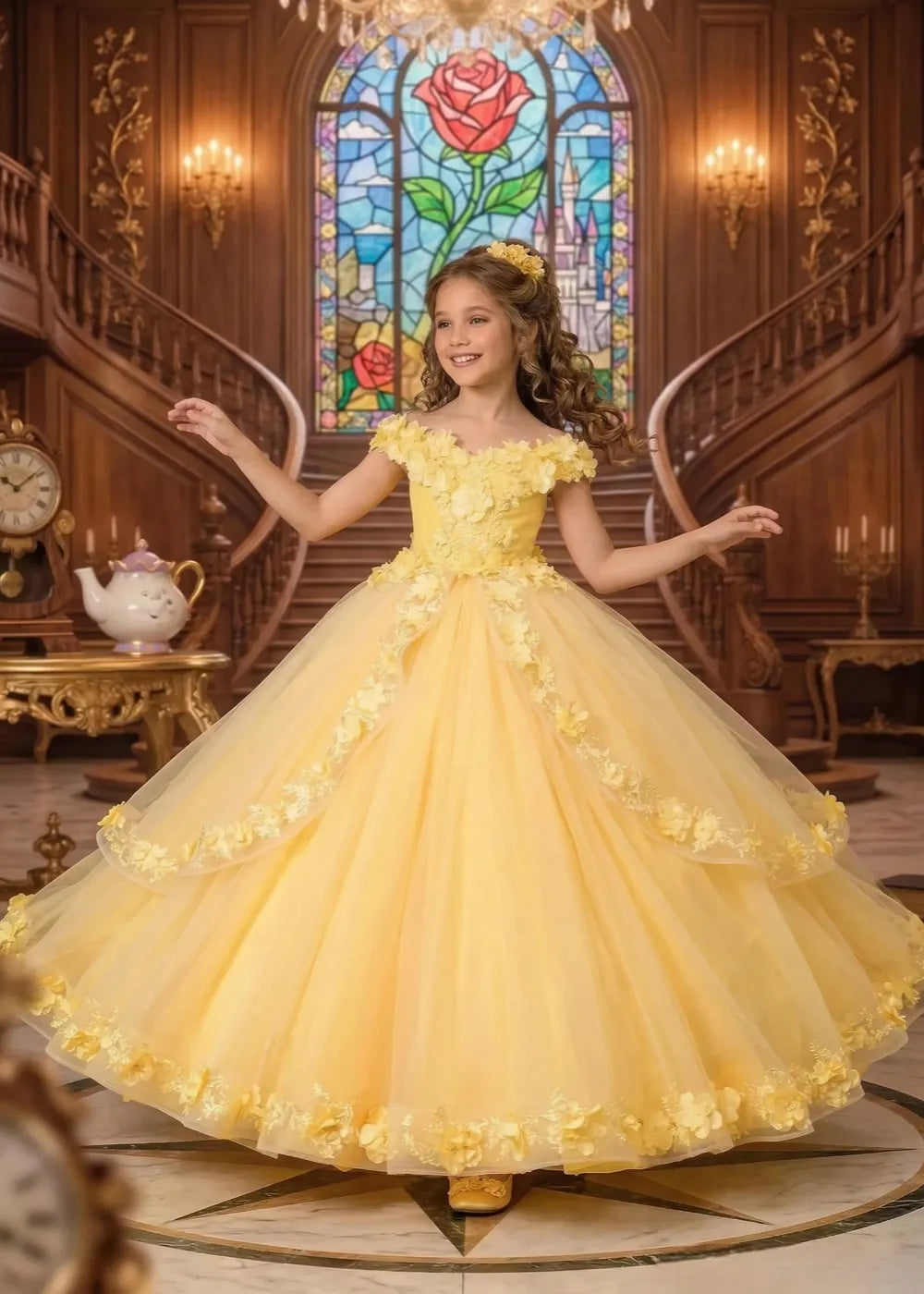 Vestido de Princesa Formal con Tul y Flores de Encaje