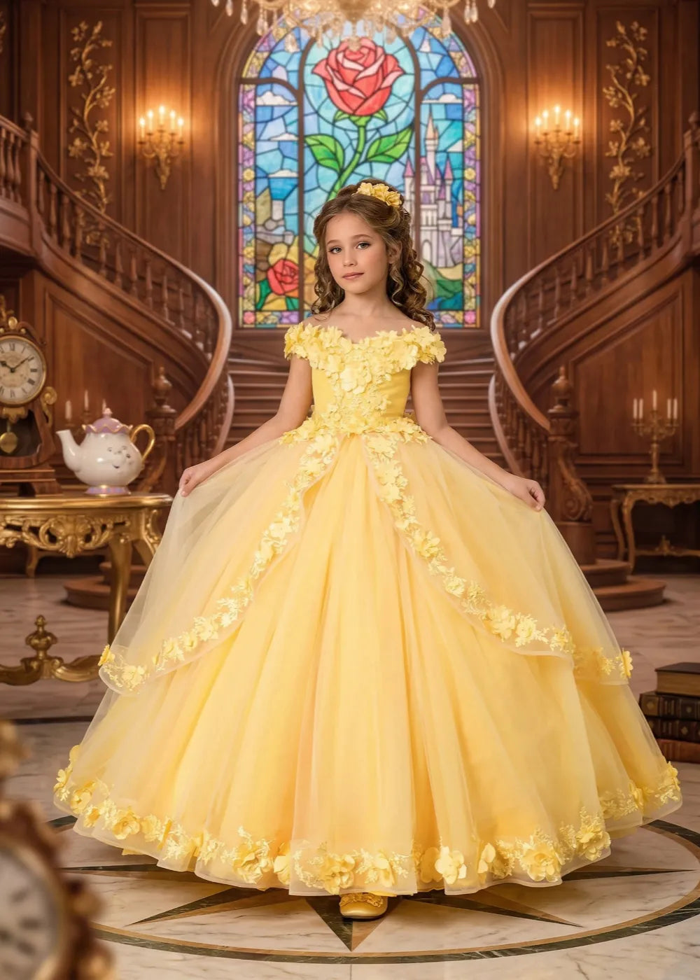 Vestido de Princesa Formal con Tul y Flores de Encaje