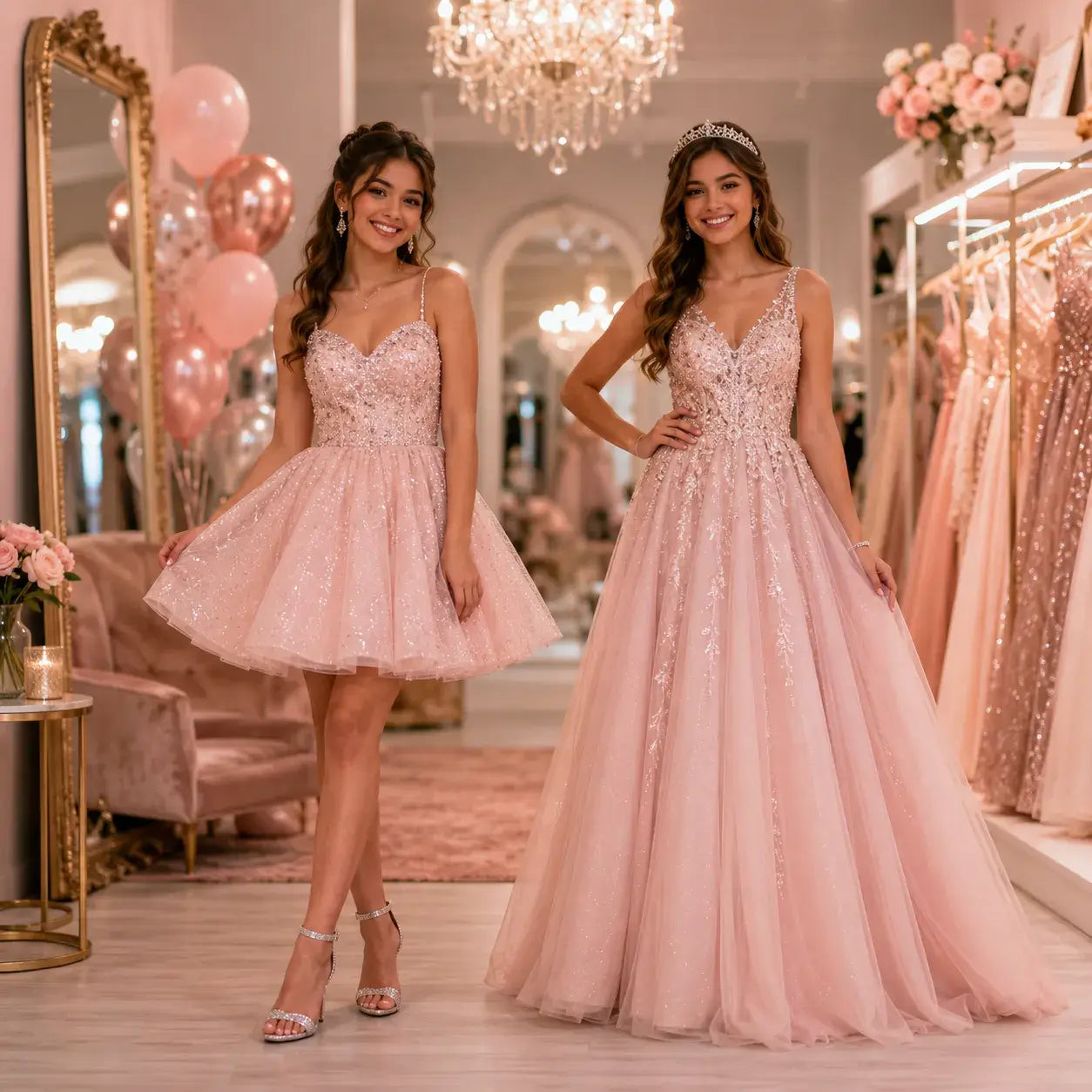 Short and long pink Sweet 16 dresses displayed side by side in a formal dress boutique.