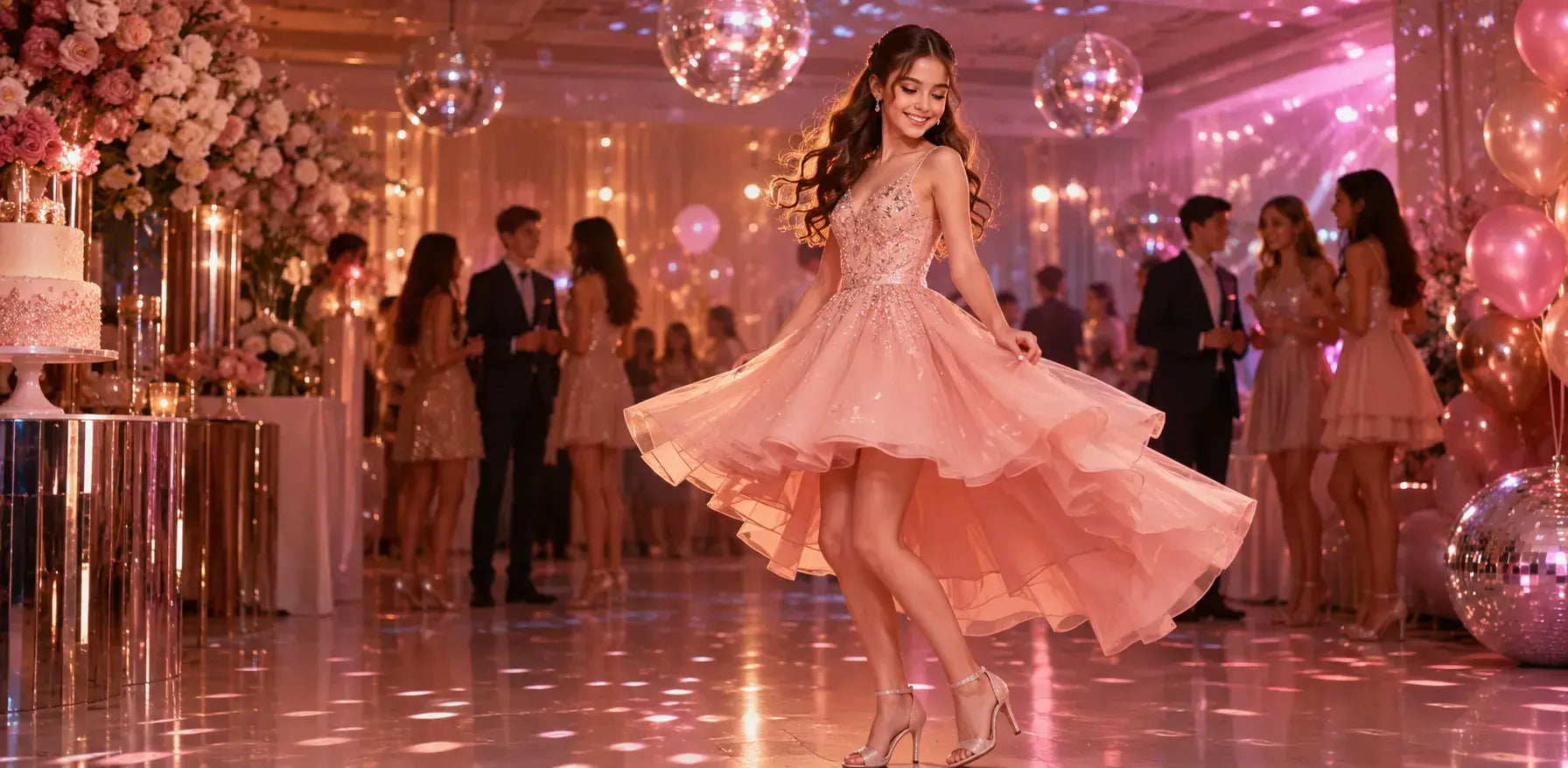 Teen girl twirling in a sparkling pink high-low Sweet 16 dress at an elegant birthday party with balloons, flowers and disco balls.