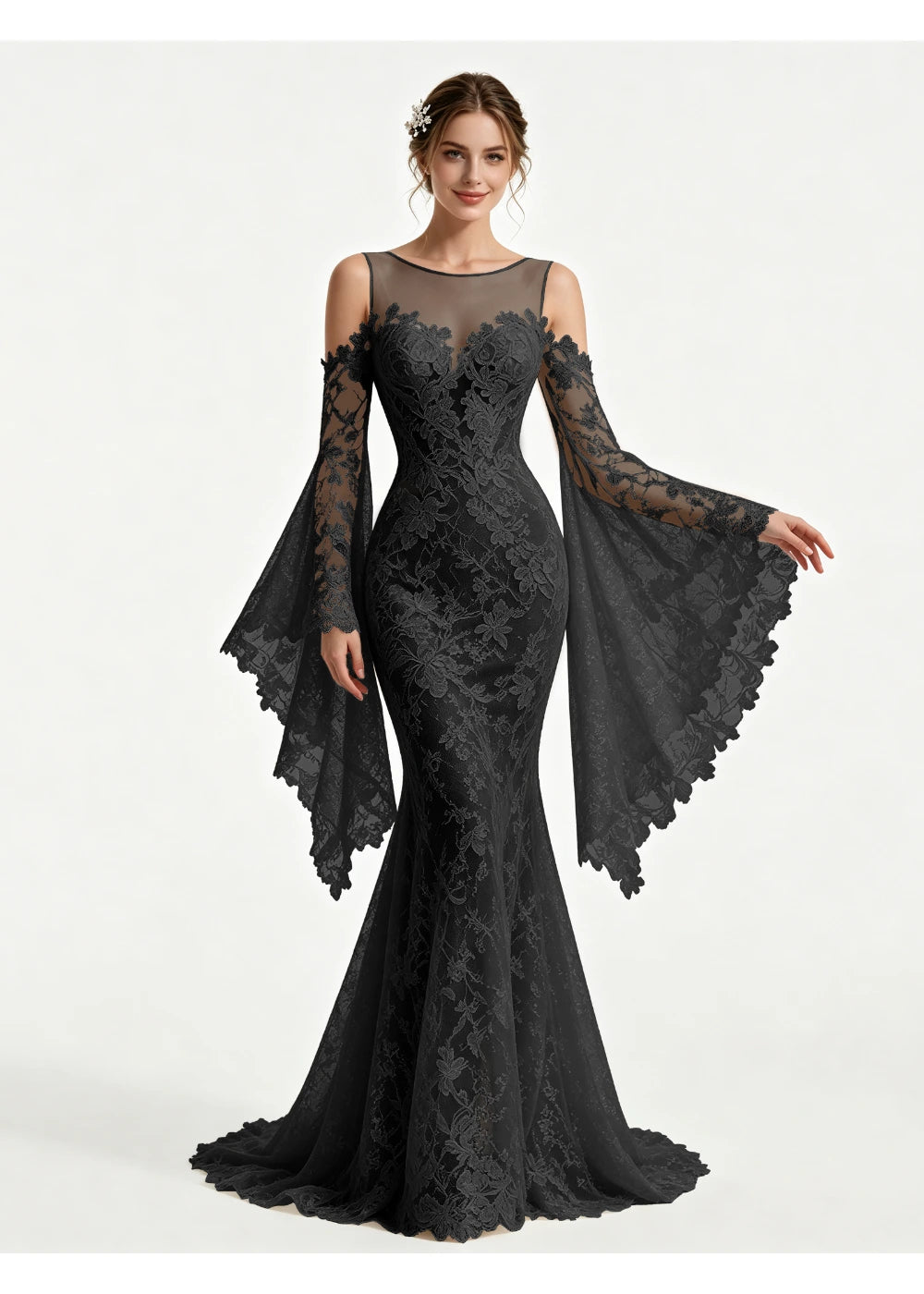 Front view of the black lace cape sleeves gown with the same bridal silhouette