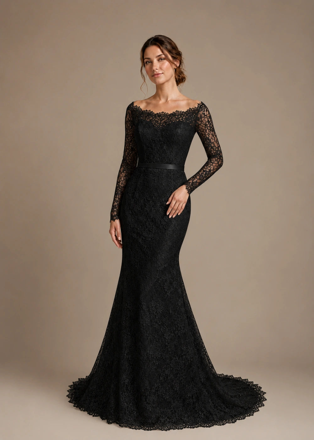 Front view of the black illusion-neck mermaid gown with long floral-lace sleeves and a flared train