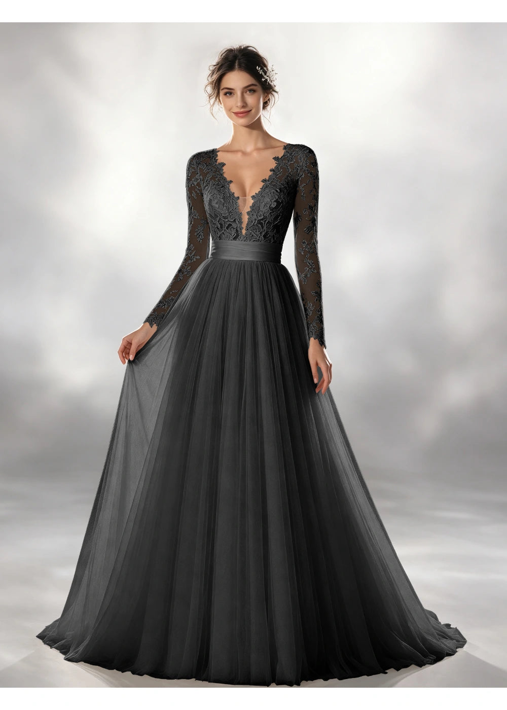 Front view of the black lace waistband tulle gown with the same bridal silhouette