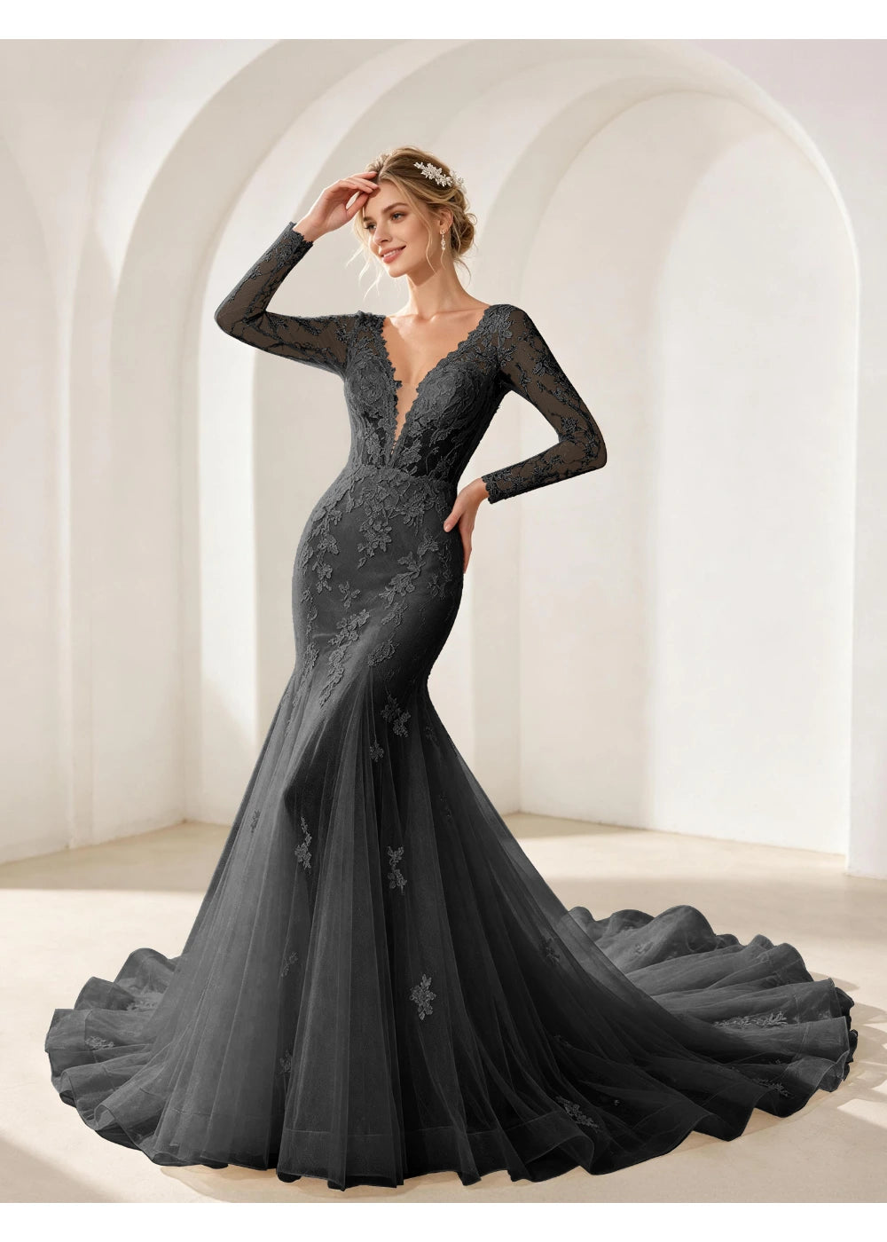 Front view of the black mermaid lace train gown with the same bridal silhouette