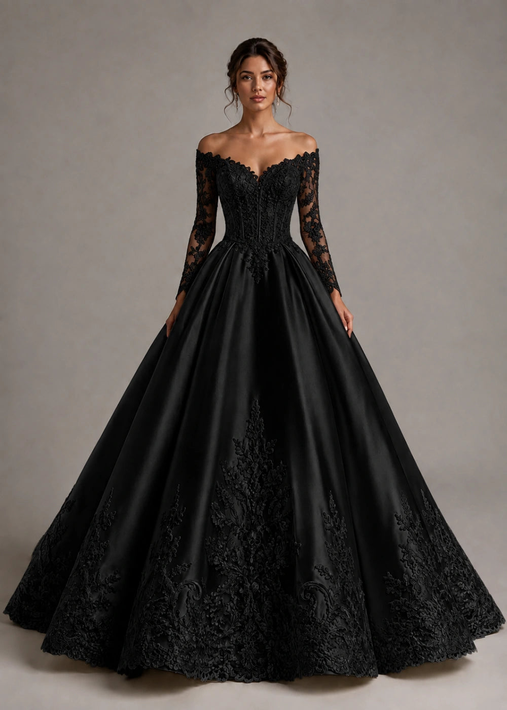 Front view of the black off-the-shoulder ball gown with long floral-lace sleeves and a full skirt
