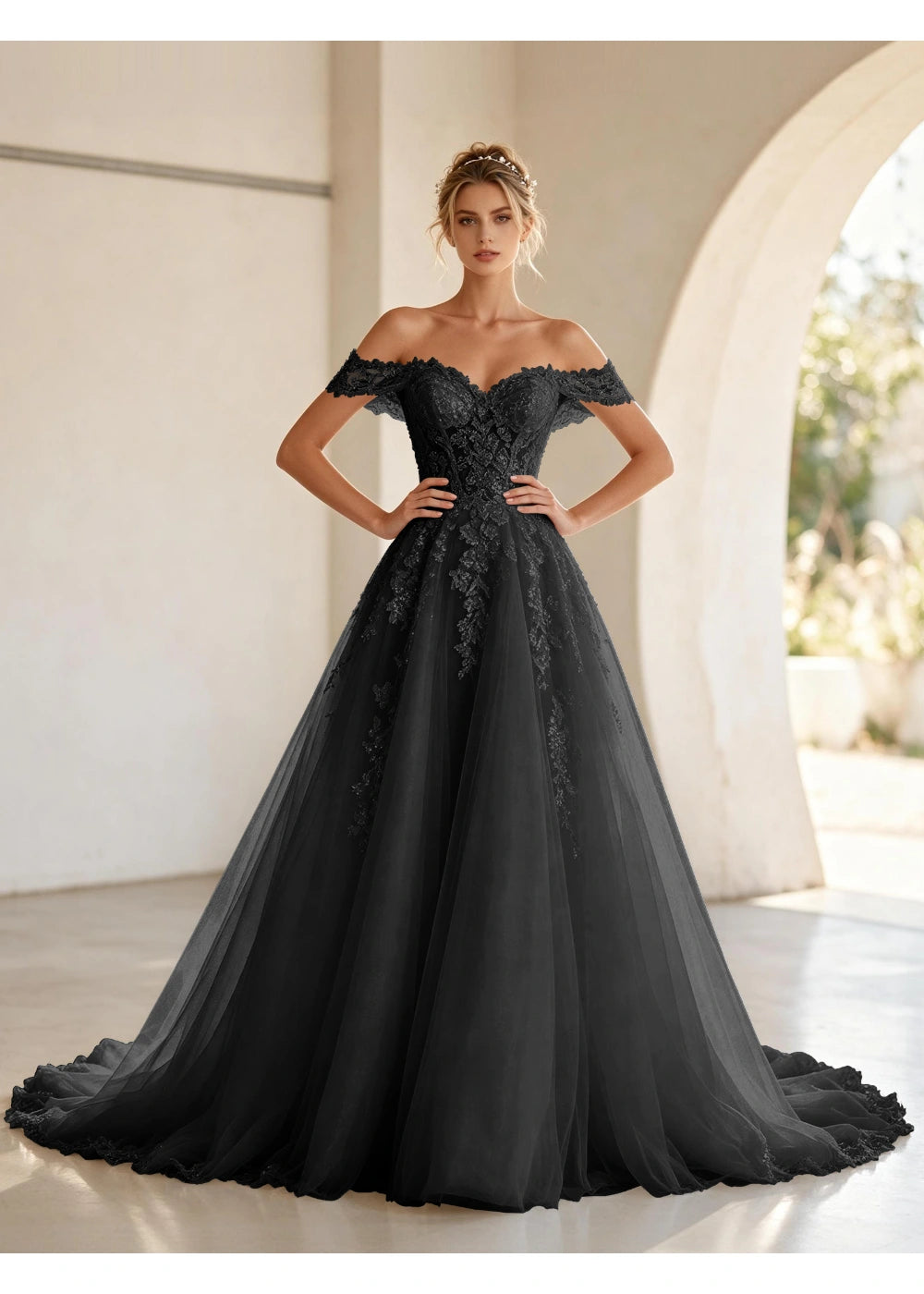 Front view of the black off shoulder lace tulle gown with the same bridal silhouette