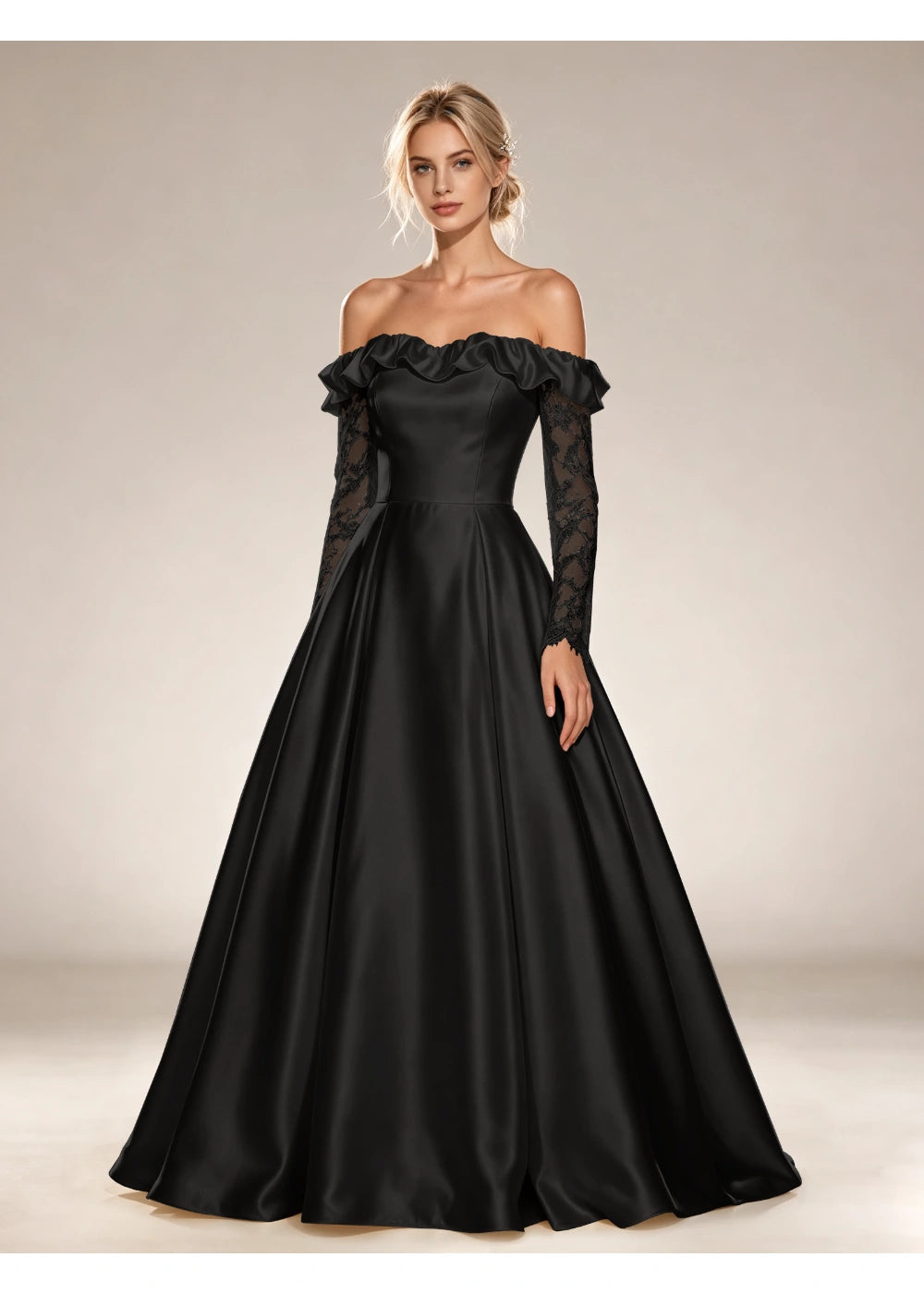 Front view of the black ruffled off shoulder gown with the same bridal silhouette
