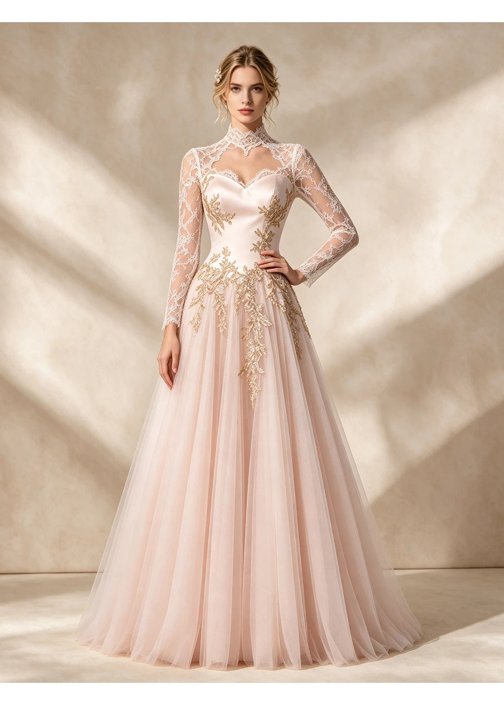 Front view of the blush pink gold applique gown with the same bridal silhouette