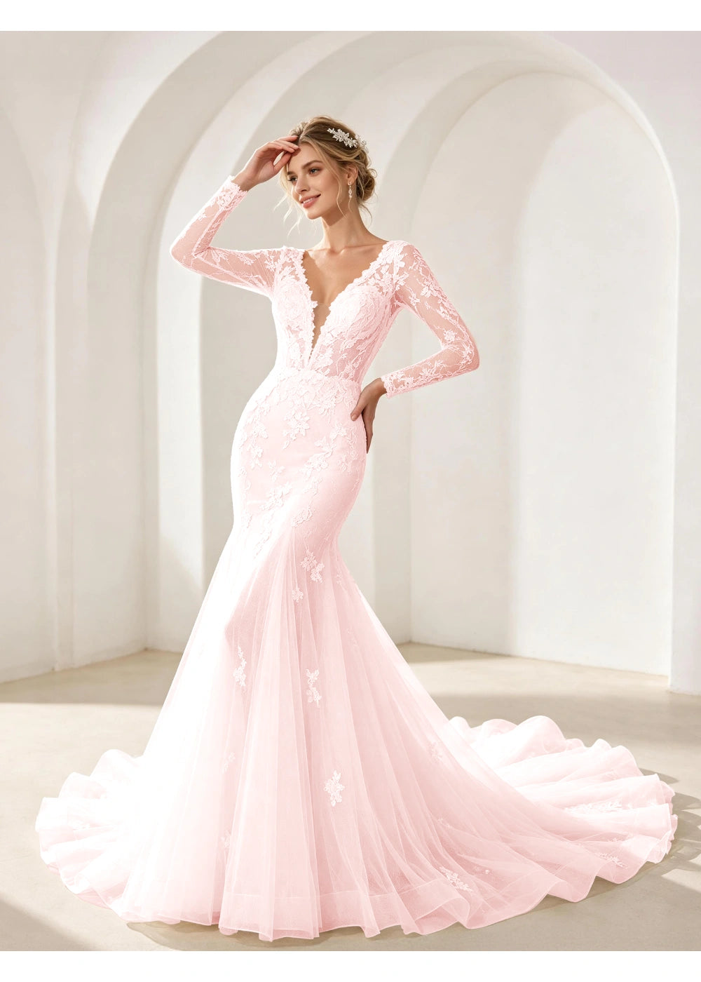 Front view of the blush pink mermaid lace train gown with the same bridal silhouette