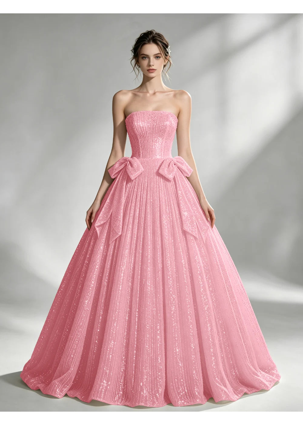 Front view of the blush pink sequin twin bow gown with the same bridal silhouette