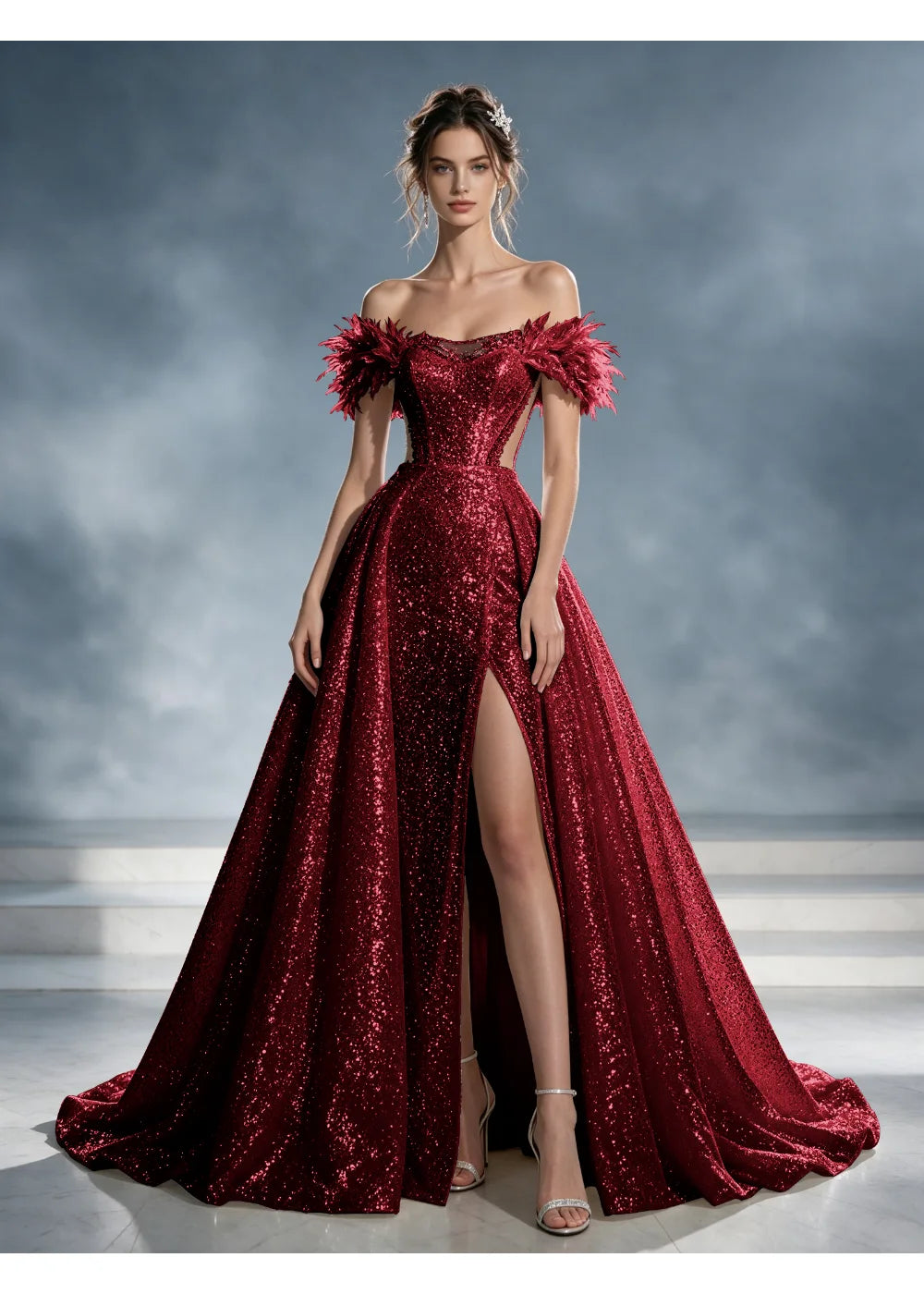 Front view of a burgundy sequin A-line gown with feather-like shoulder trim, a front slit and a train