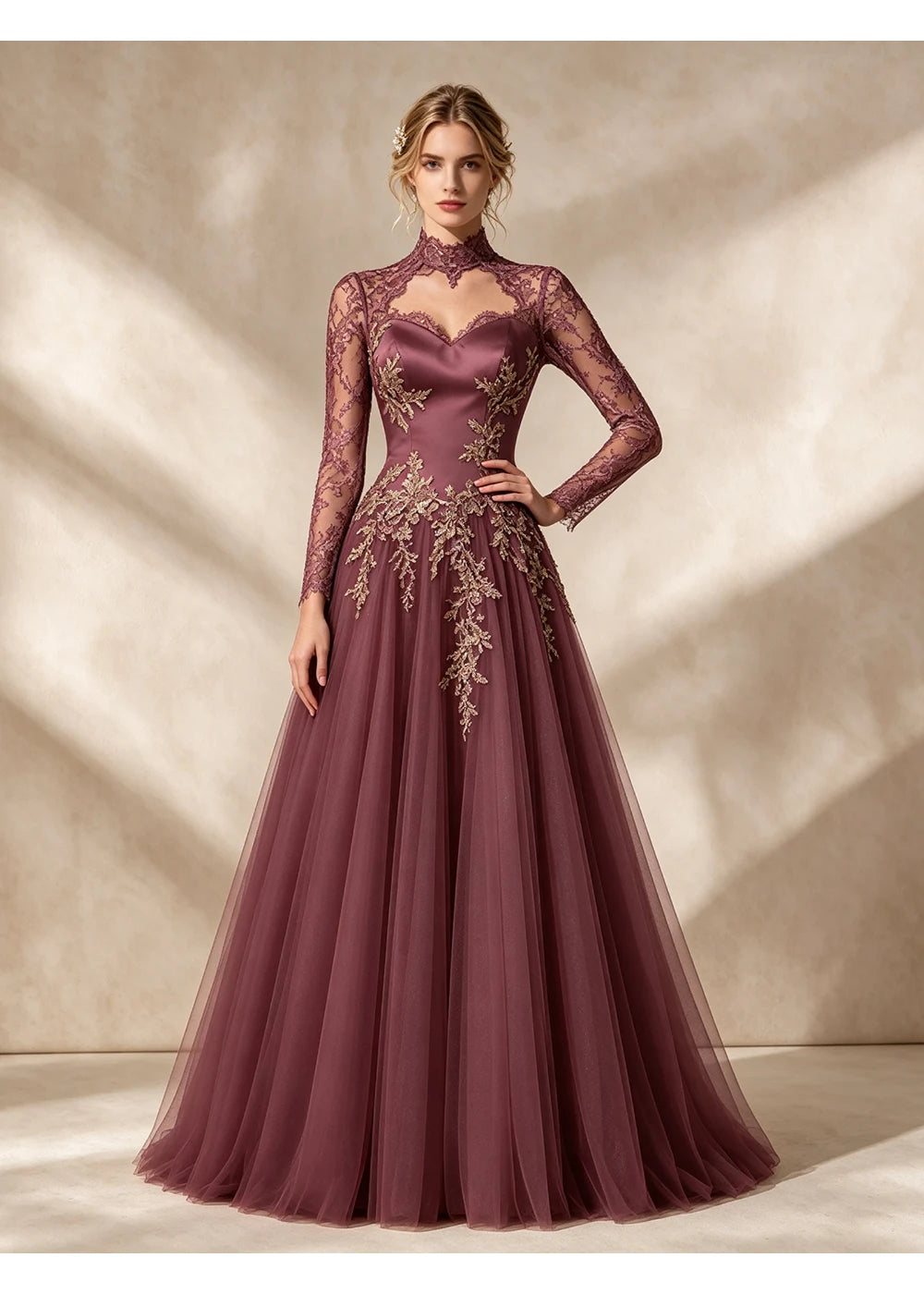 Front view of the burgundy gold applique gown with the same bridal silhouette