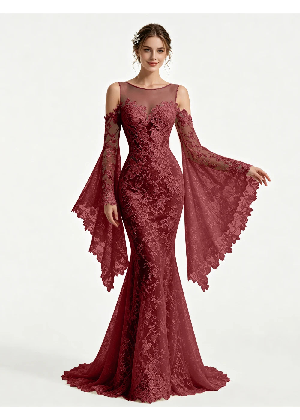 Front view of the burgundy lace cape sleeves gown with the same bridal silhouette