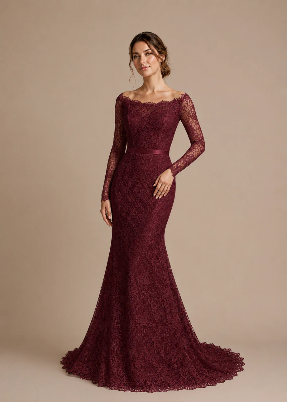 Front view of the burgundy illusion-neck mermaid gown with long floral-lace sleeves and a flared train