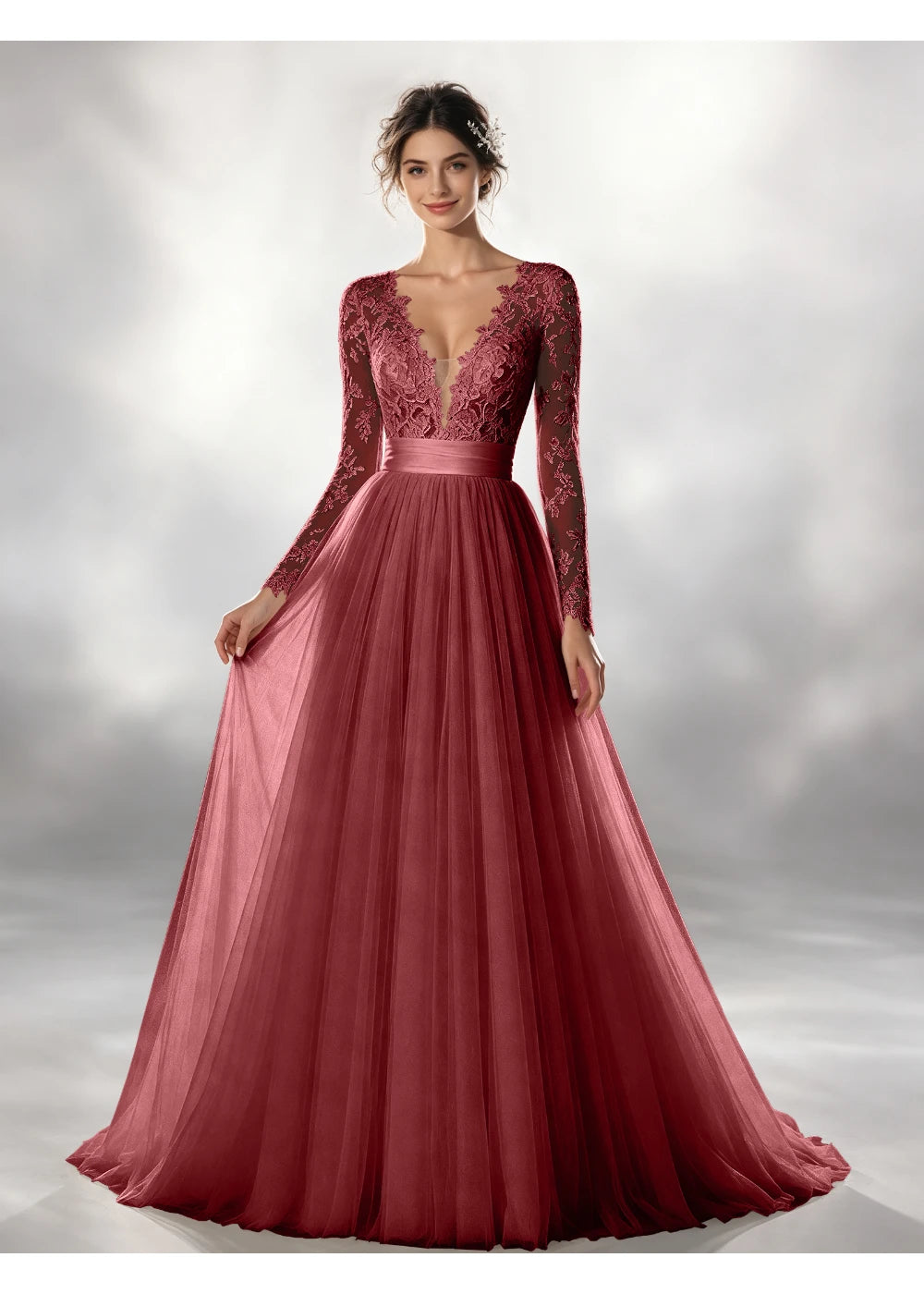 Front view of the burgundy lace waistband tulle gown with the same bridal silhouette