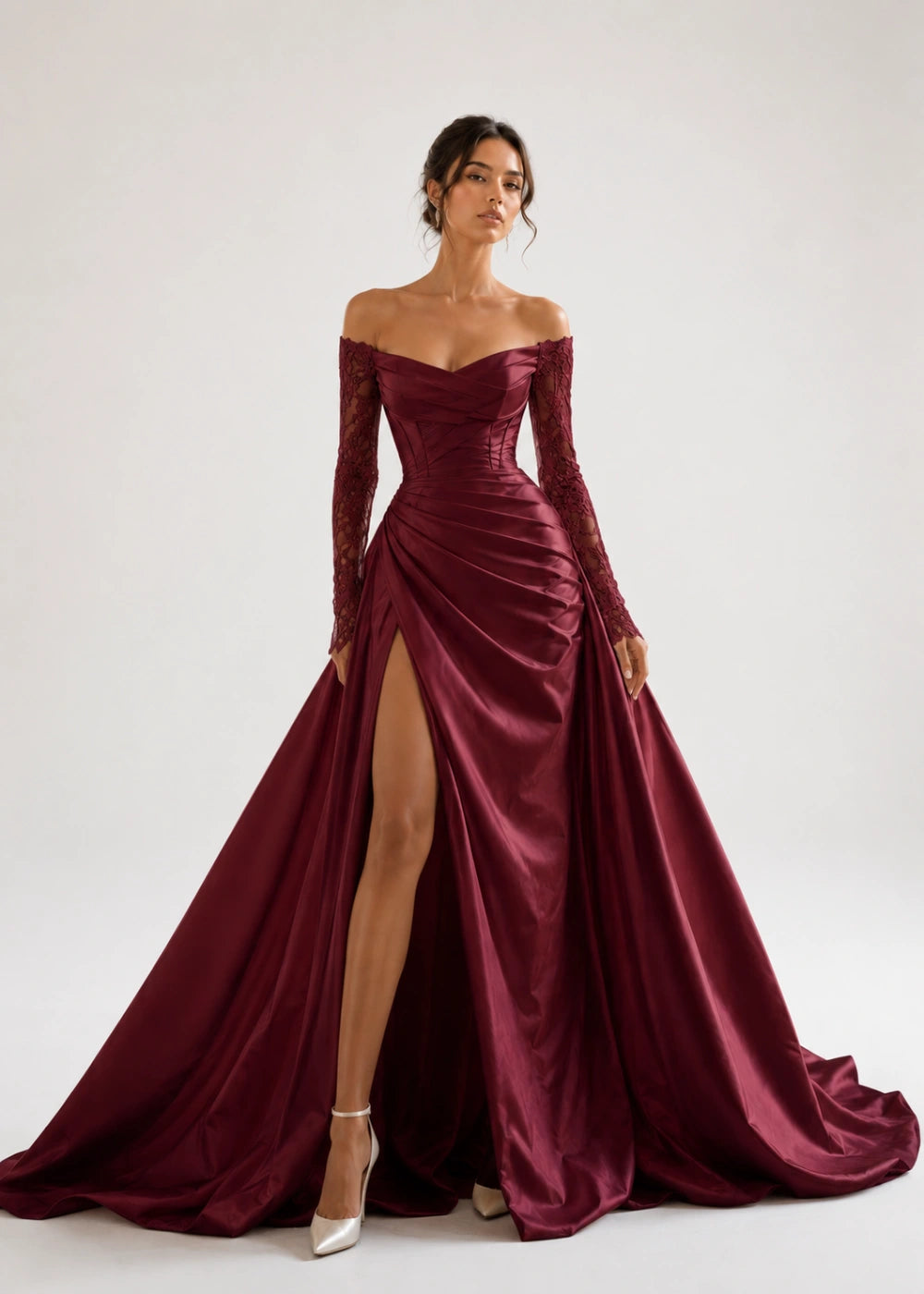 Front view of the burgundy off-the-shoulder A-line gown with long lace sleeves and a thigh-high slit