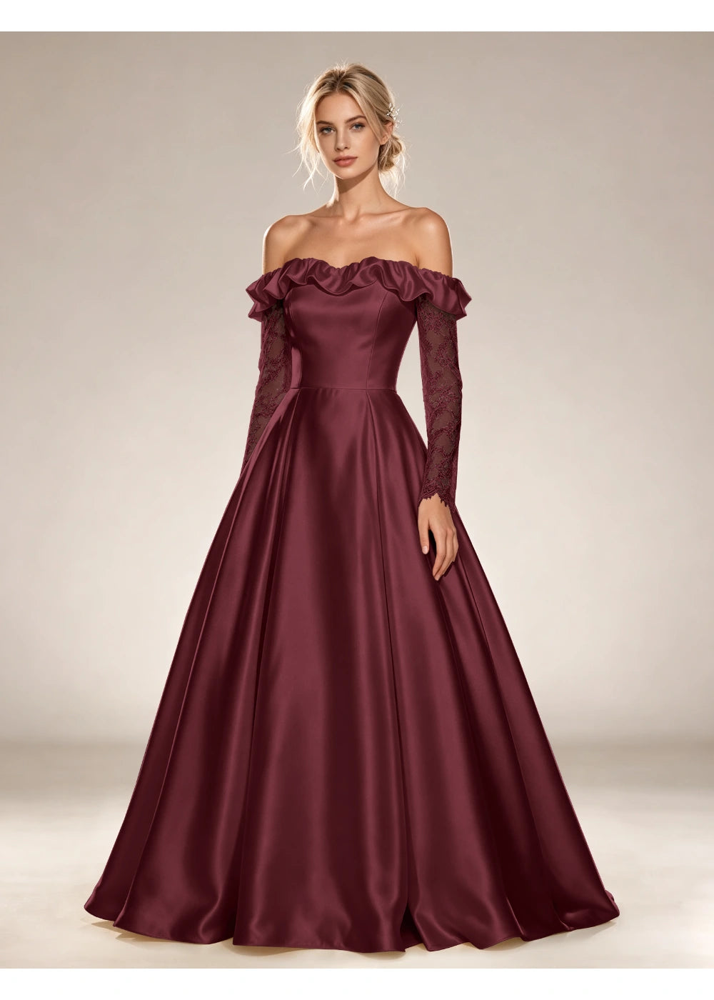 Front view of the burgundy ruffled off shoulder gown with the same bridal silhouette