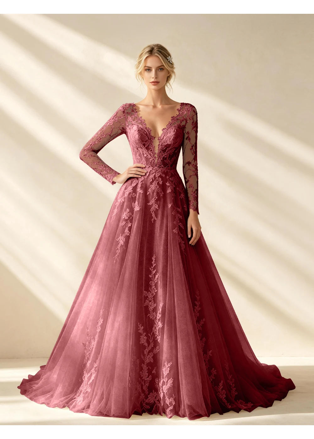 Front view of the burgundy v neck lace a line gown with the same bridal silhouette