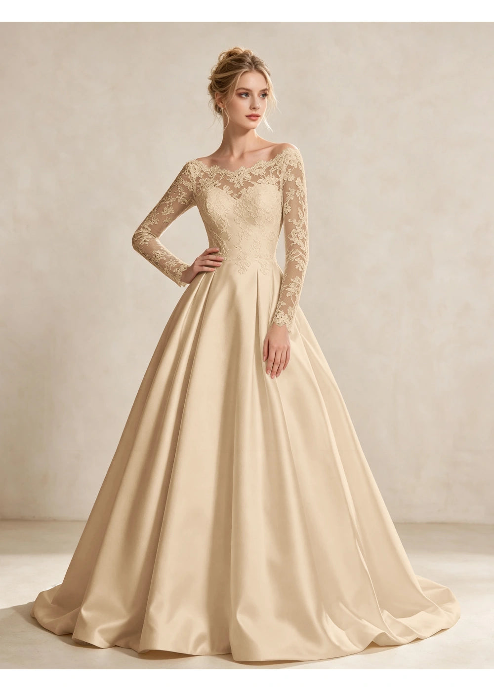 Front view of the champagne illusion lace satin gown with the same bridal silhouette