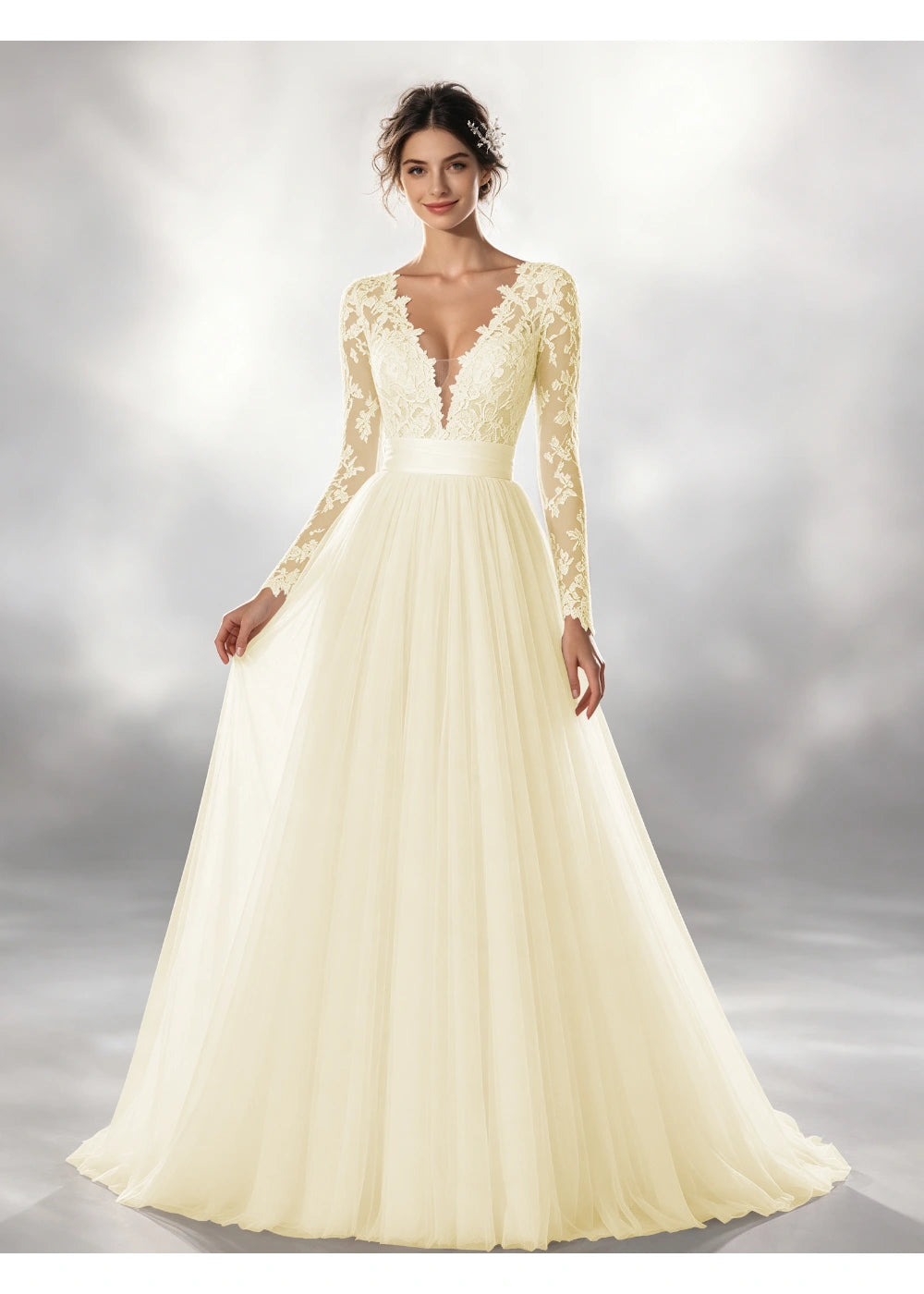 Front view of the champagne lace waistband tulle gown with the same bridal silhouette